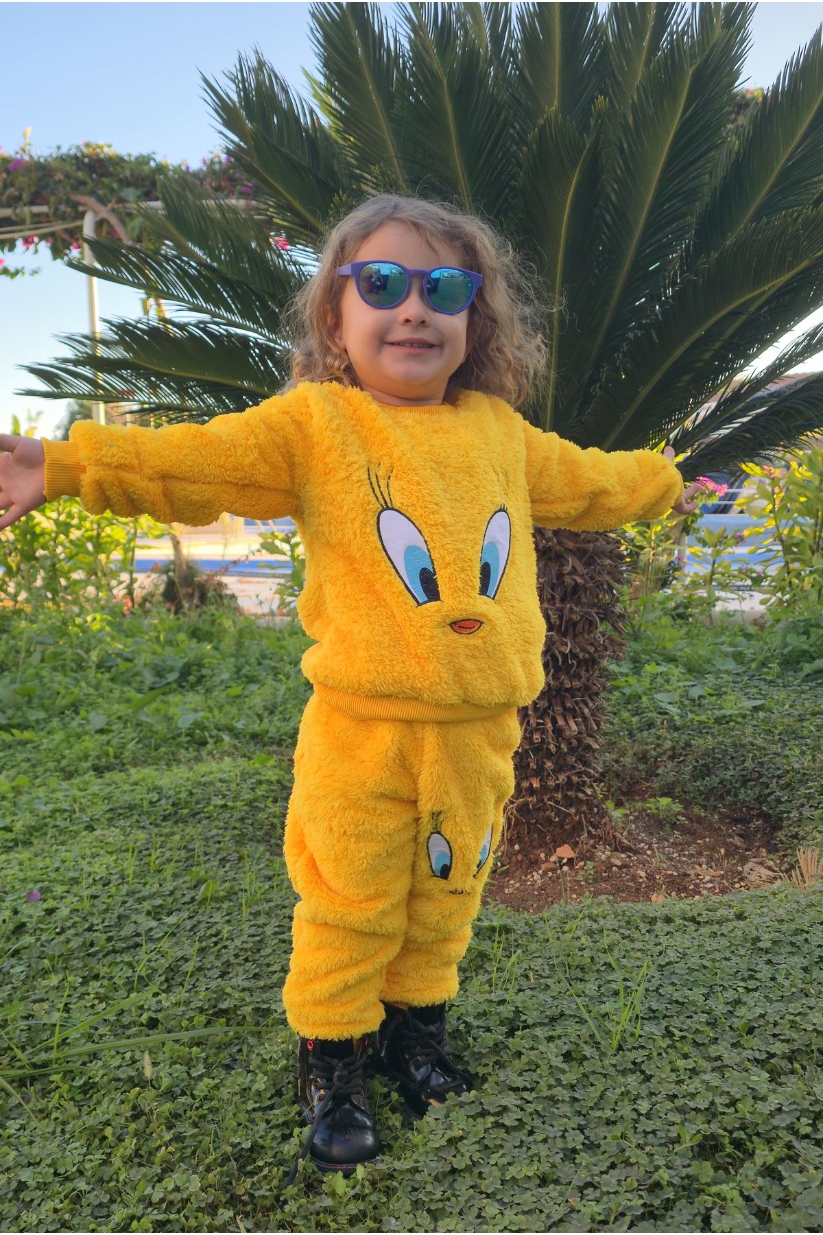 Civcivli Peluş Sarı Kız Erkek Çocuk Kışlık Pamuklu Pijama Takımı