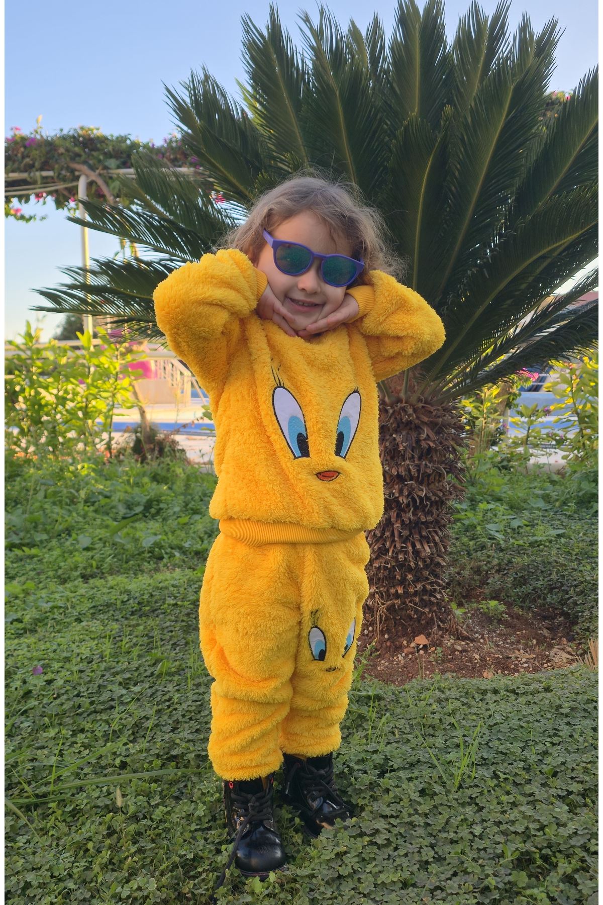 Civcivli Peluş Sarı Kız Erkek Çocuk Kışlık Pamuklu Pijama Takımı