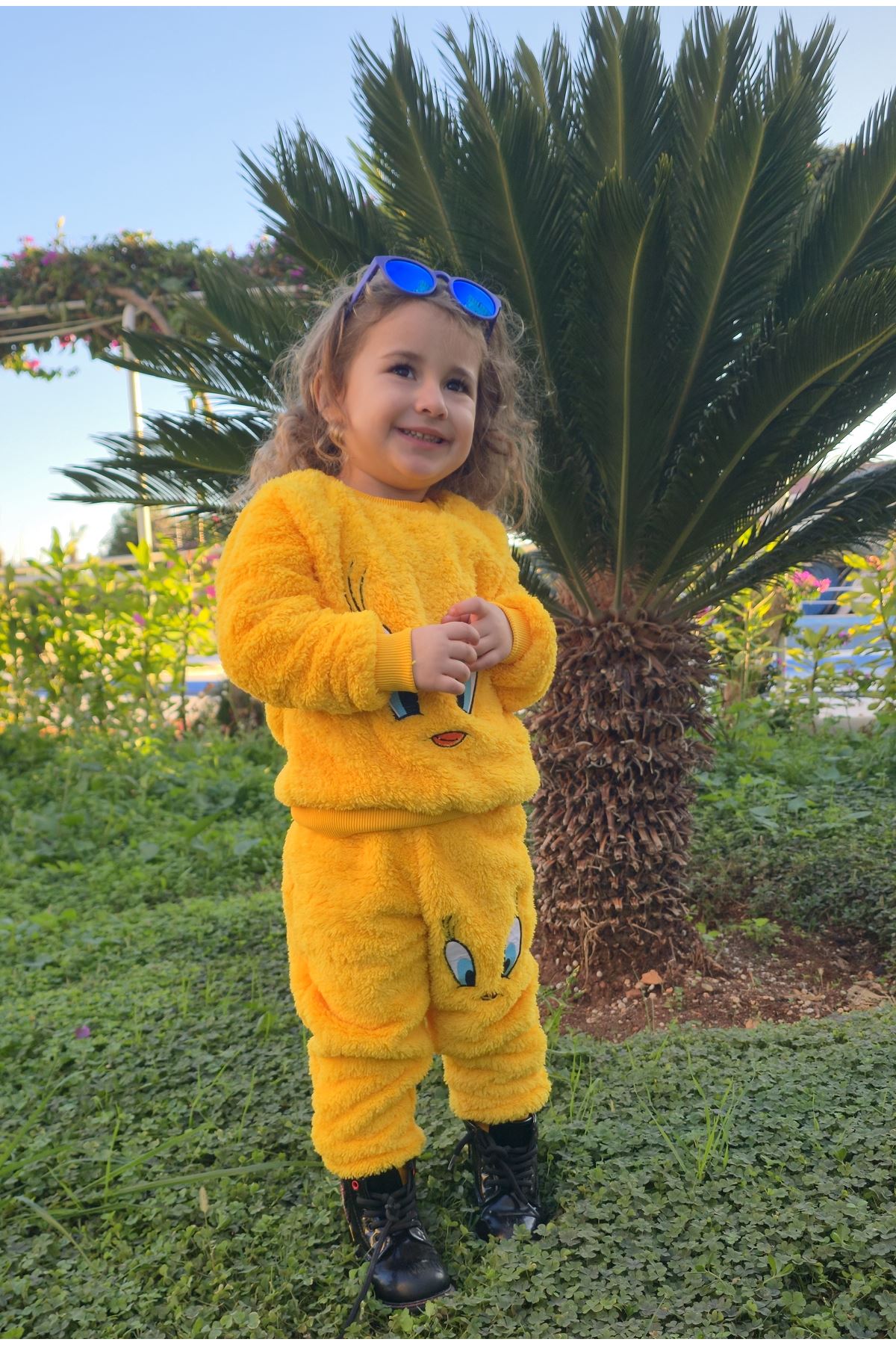 Civcivli Peluş Sarı Kız Erkek Çocuk Kışlık Pamuklu Pijama Takımı