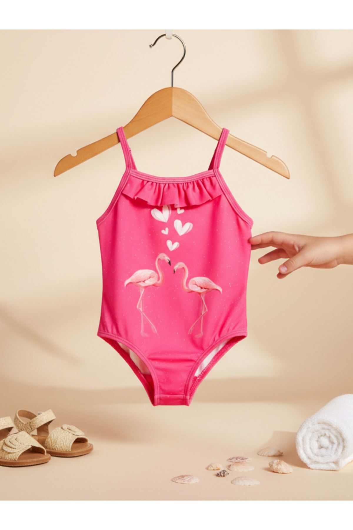 Kız Çocuk Pembe Flamingo Desenli Askılı Mayo