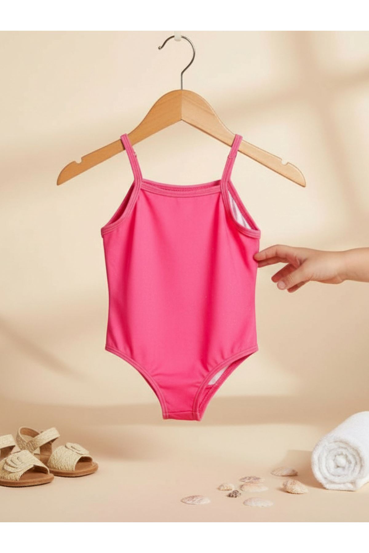 Kız Çocuk Pembe Flamingo Desenli Askılı Mayo