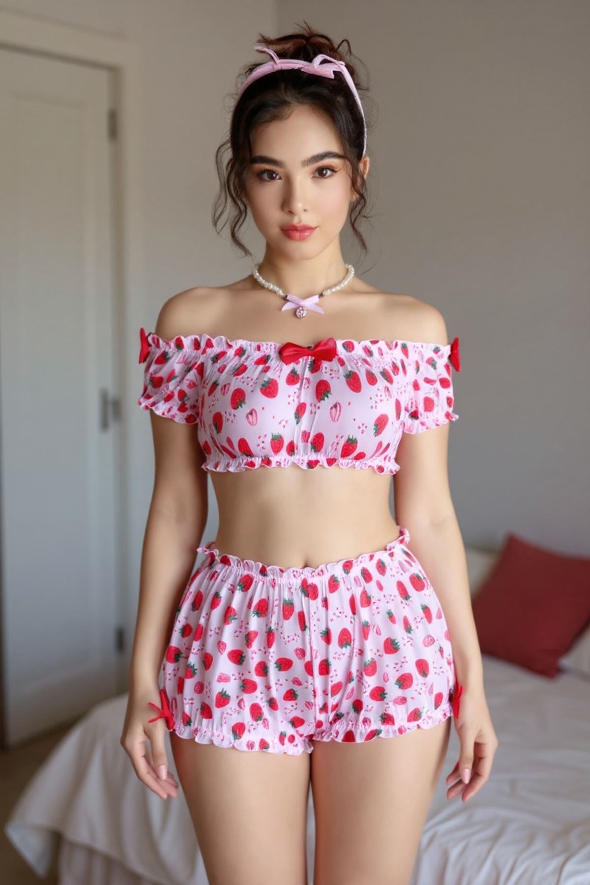 Kadın Kısa Şortlu Fiyonk Detaylı Çilekli Büstiyer Mini Pembe Pijama Takım