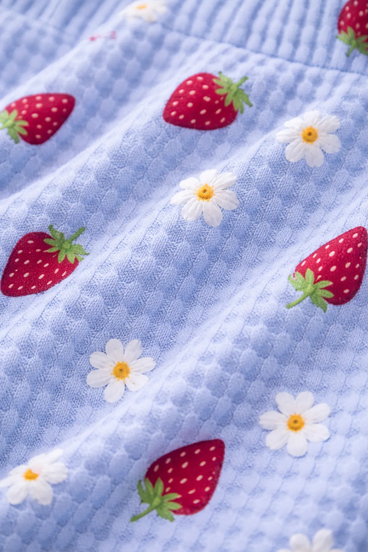 Kadın Mavi Çilek Desenli Yazlık Şortlu Pijama Takımı Kısa Kollu Rahat Ev Giyim
