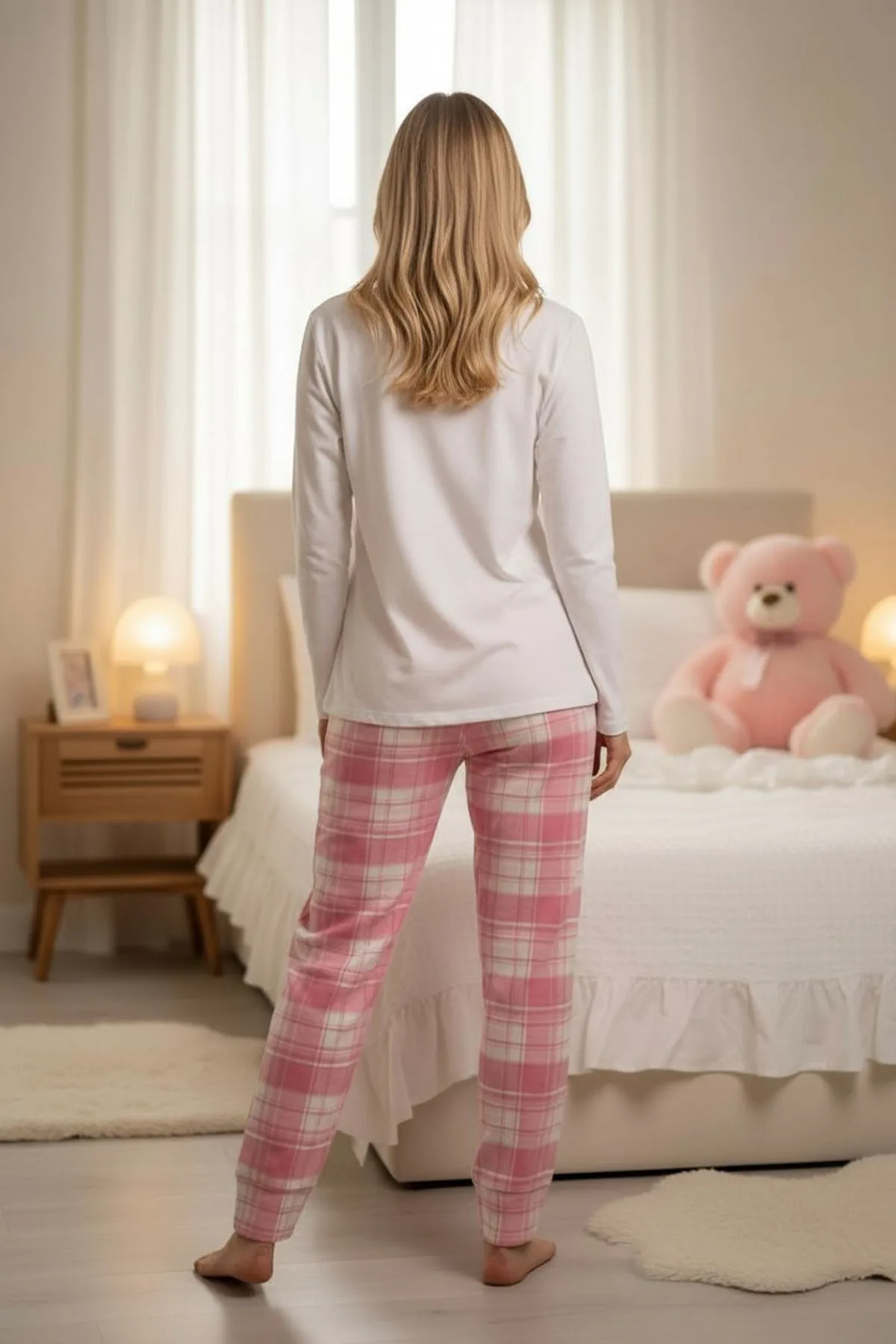 Kadın Ayıcıklı Nakışlı Kalpli Pamuklu Uzun Kollu Mevsimlik Sevgililer Günü Hediyesi Pijama Takımı