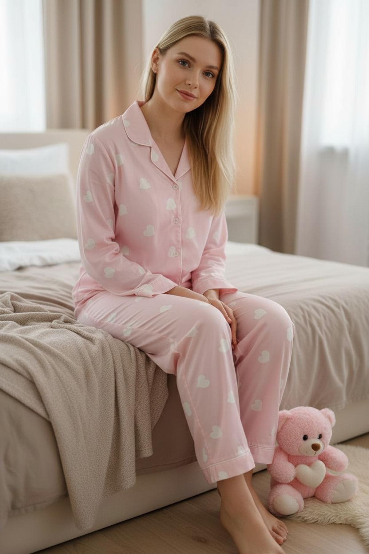 Kadın Kalpli Desenli Süet Gömlek Yaka Uzun Kol Pembe Kışlık Pijama Takımı