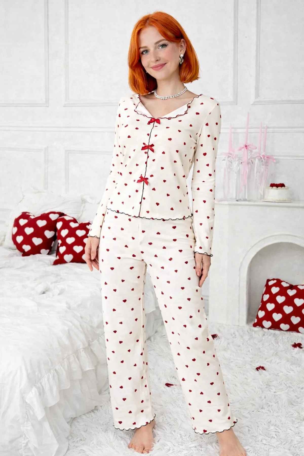 Women's Heart Print Pyjama Set — Bow Detail, Button-Front Long Sleeve, Interlock Fabric