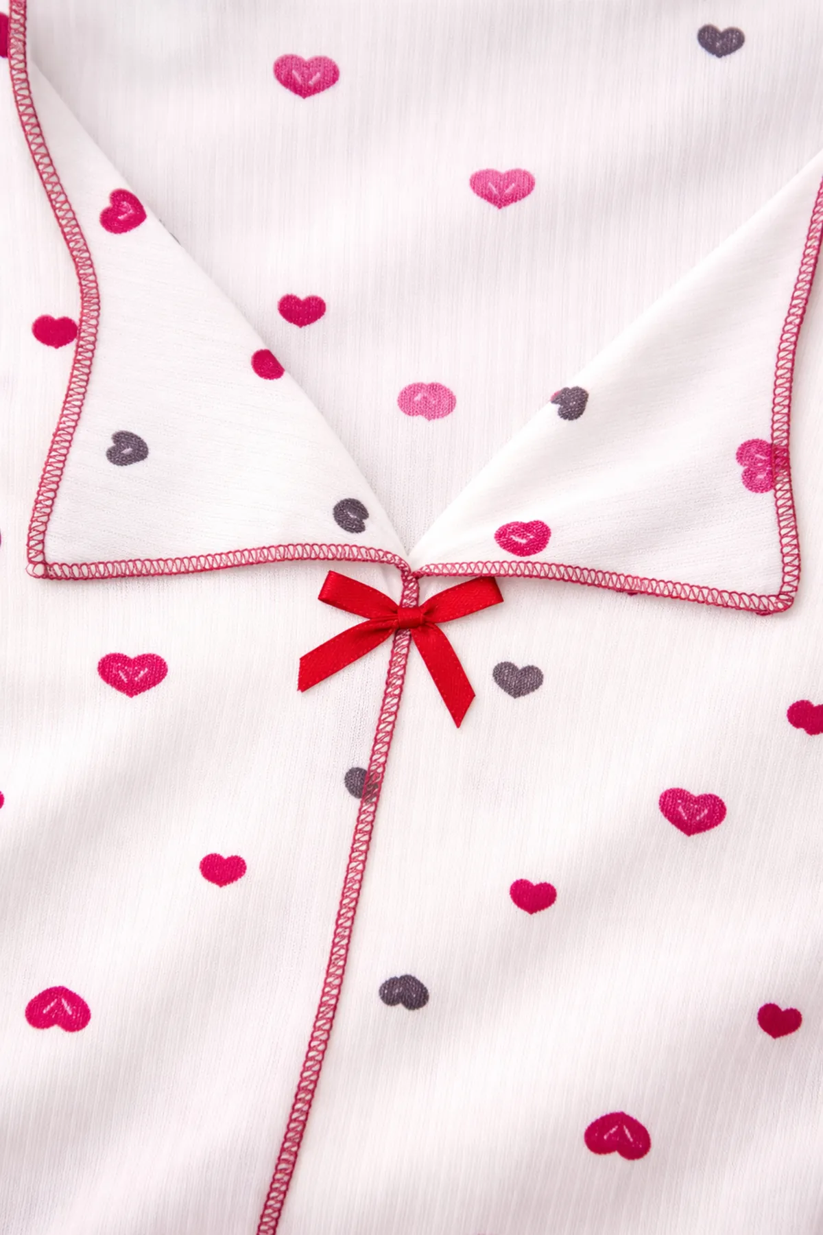 Women's Heart Print Pyjama Set — Bow Detail, Button-Front Long Sleeve, Interlock Fabric