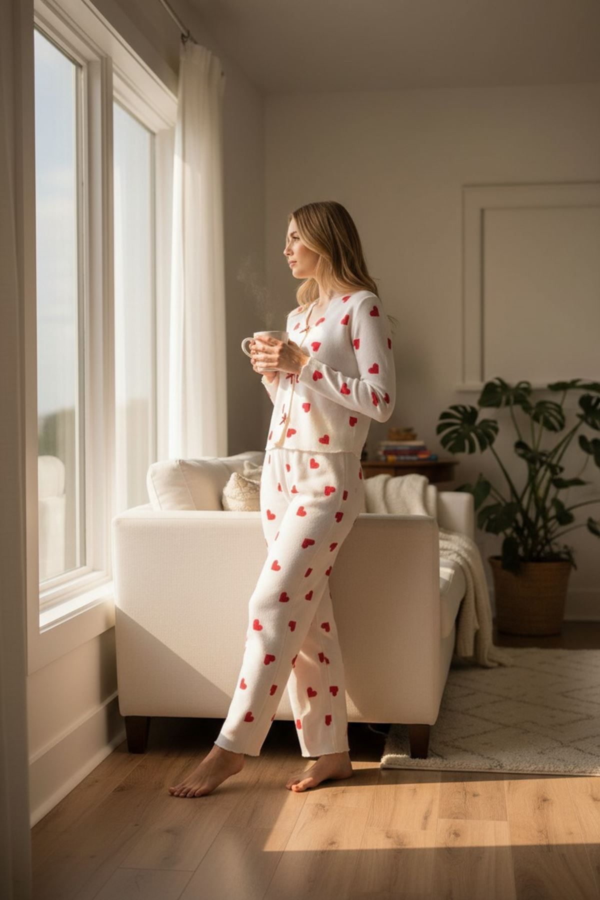 Kadın Yumuşak Dokulu Waffle Kumaş Kalpli Uzun Kol Beyaz Pijama Takımı