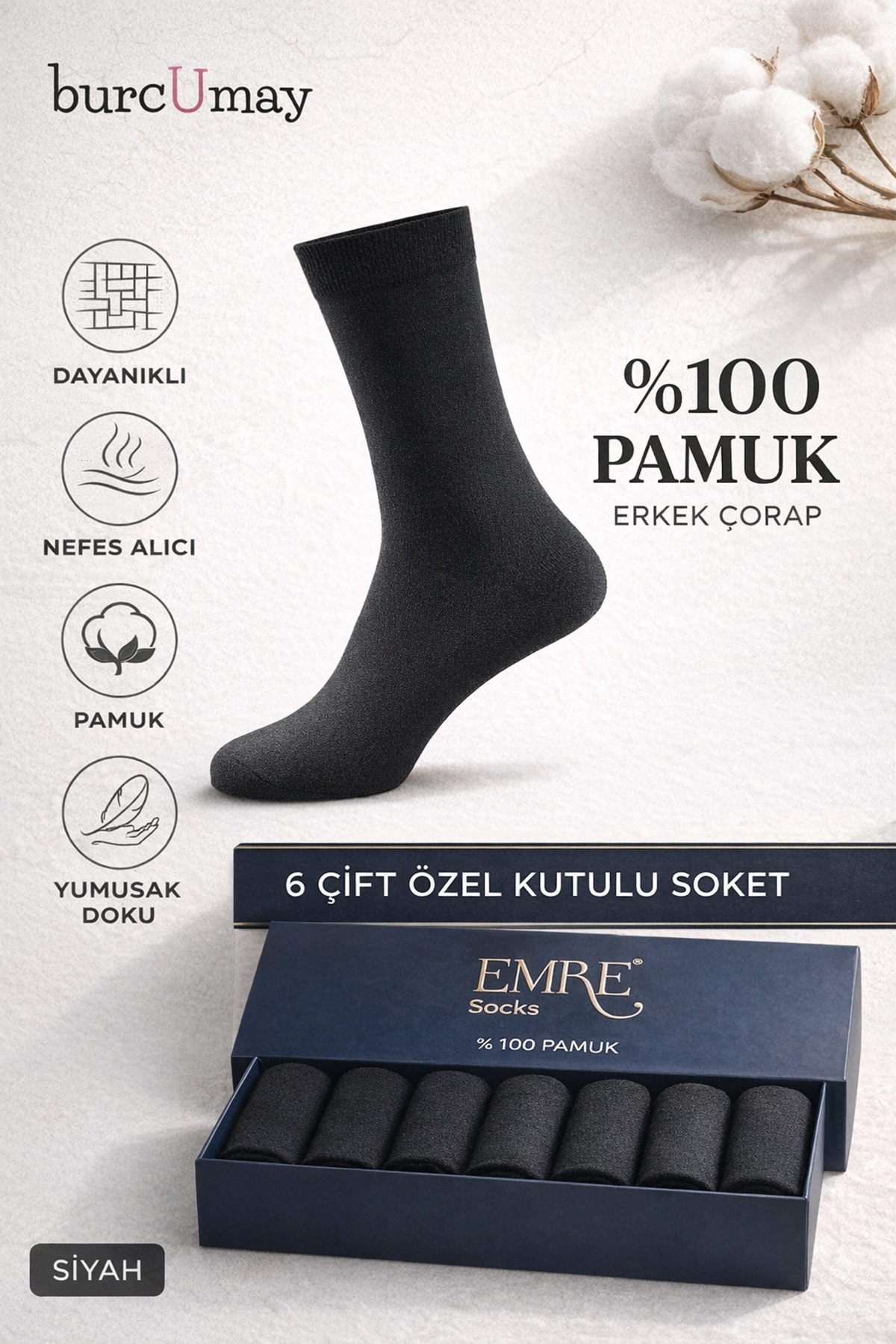 Pamuklu Soket Uzun Düz Siyah Çorap 6'lı Özel Kutulu %100 Pamuk Erkek Çorabı