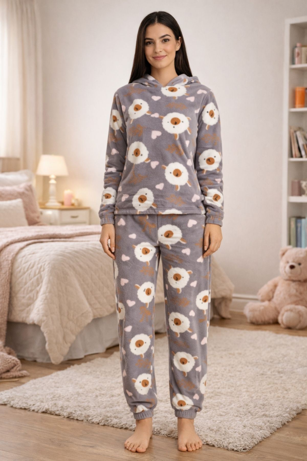 Kadın Desenli Kapüşonlu Gri Polar Pijama Takımı