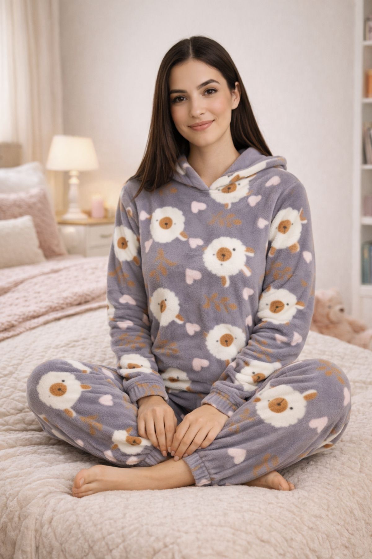 Kadın Desenli Kapüşonlu Gri Polar Pijama Takımı