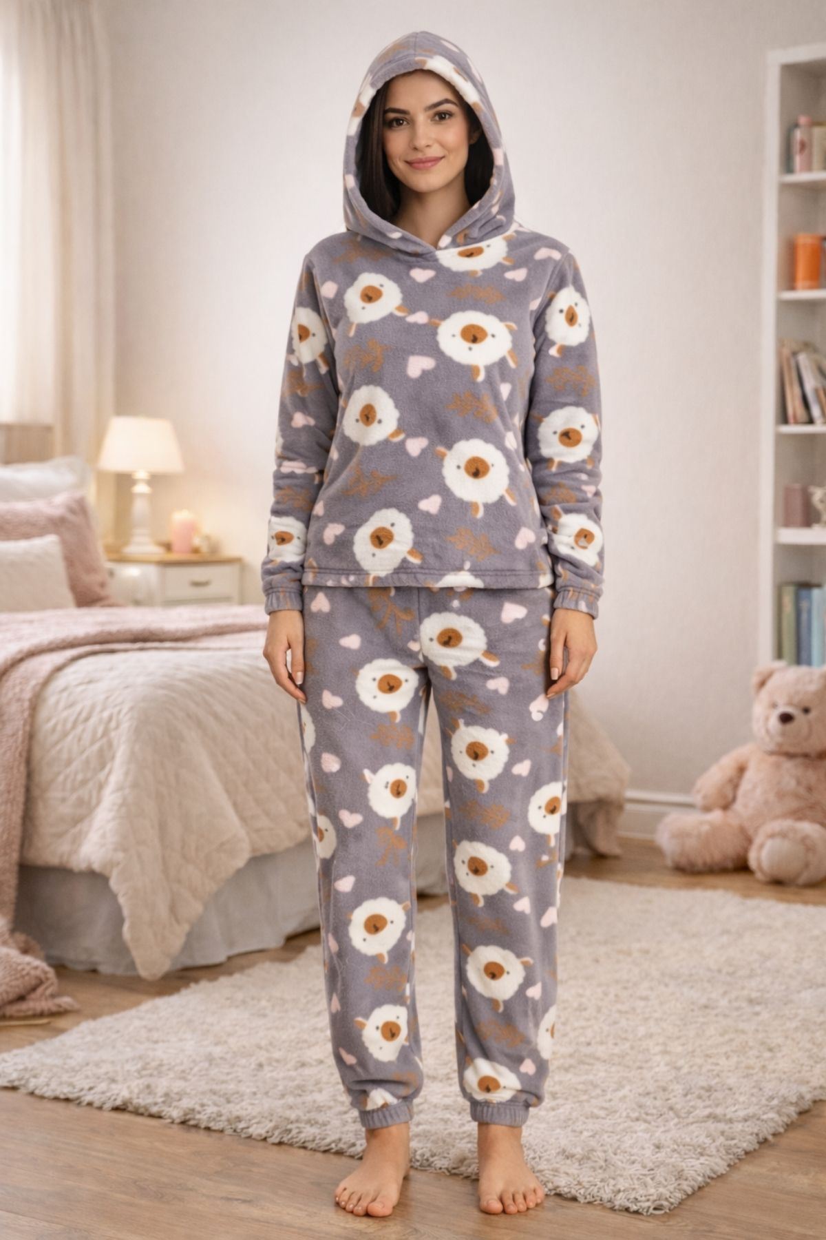 Kadın Desenli Kapüşonlu Gri Polar Pijama Takımı