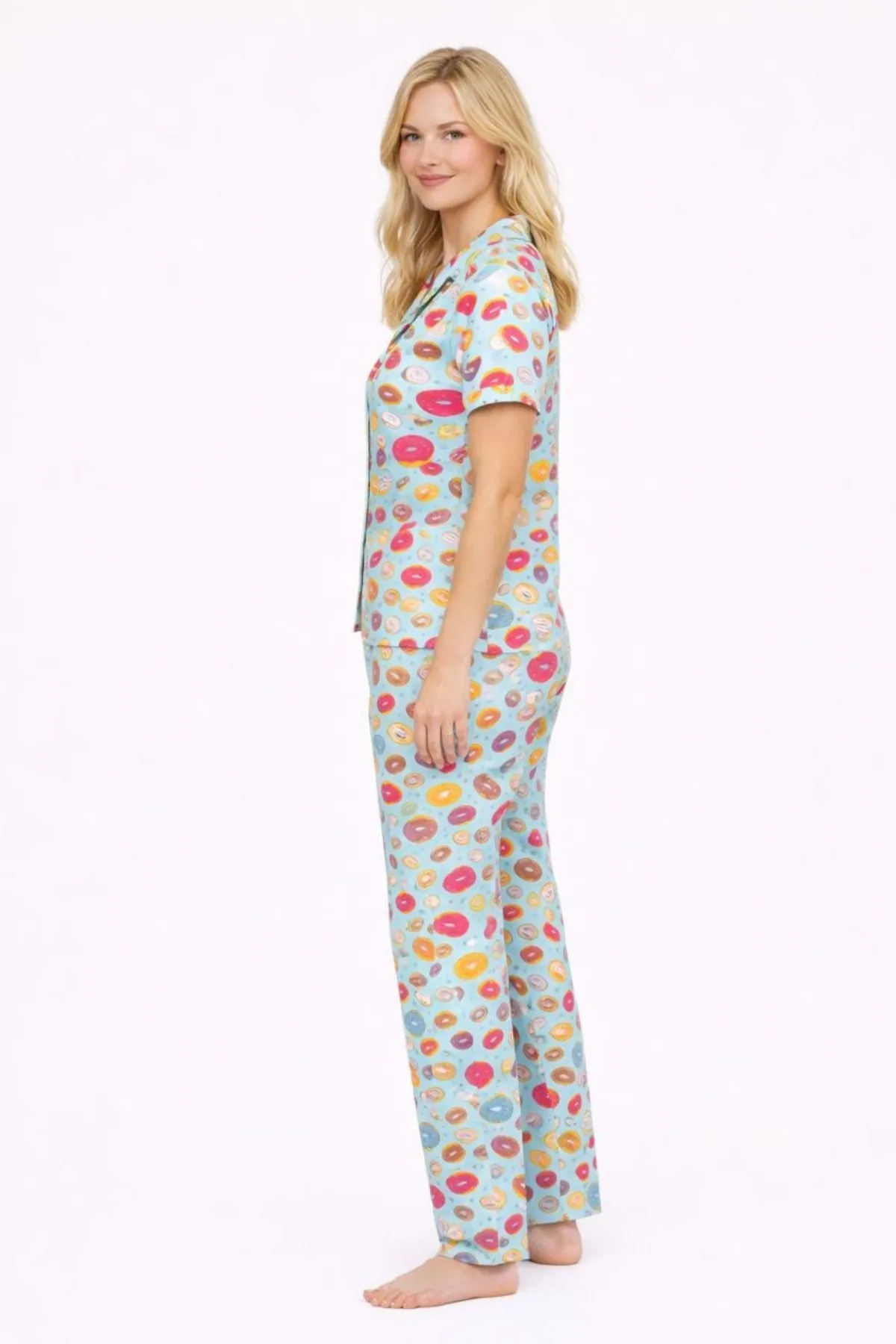 Kadın Çok Renkli Donut Desenli Kısa Kollu Yazlık Pijama Takımı