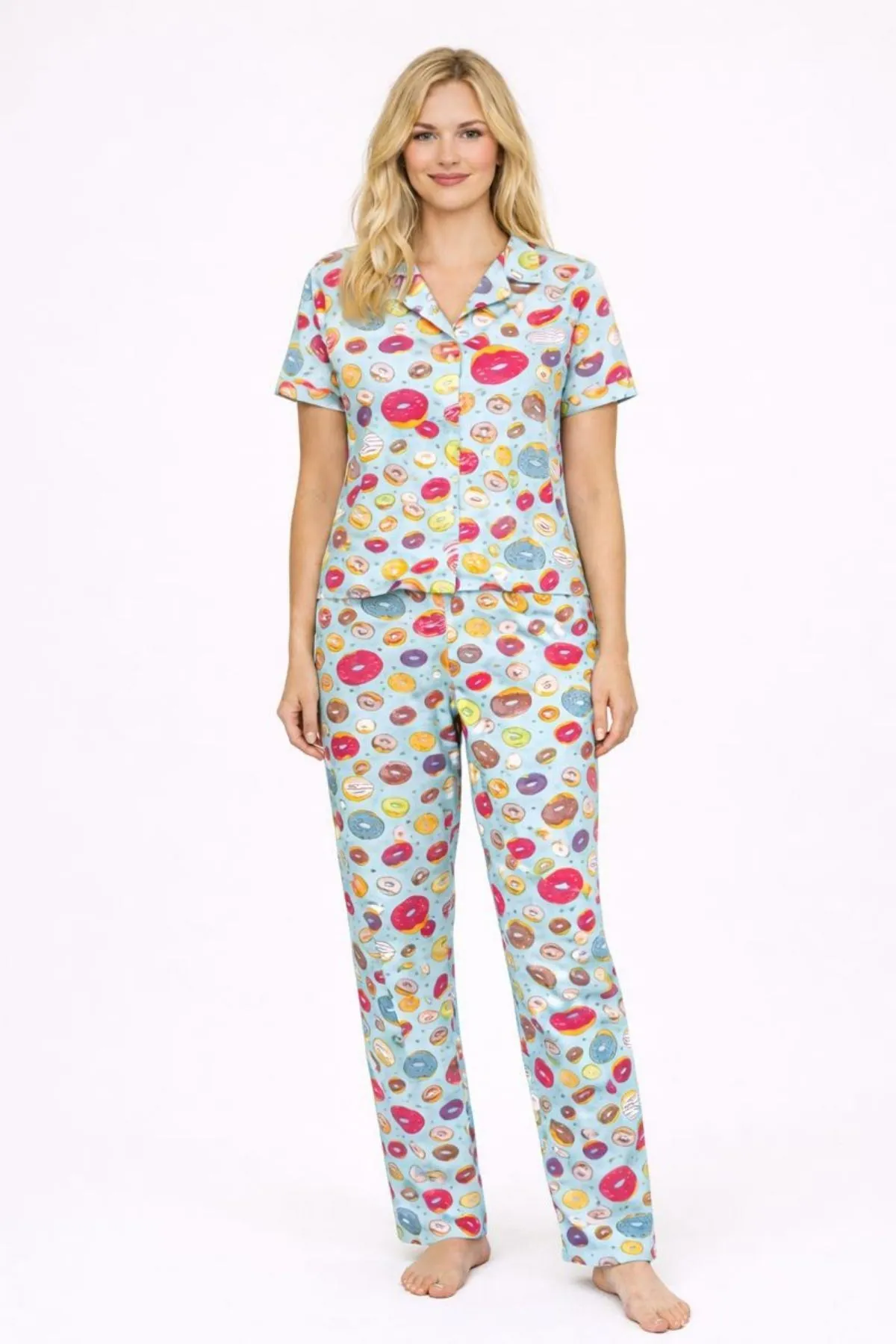 Kadın Çok Renkli Donut Desenli Kısa Kollu Yazlık Pijama Takımı