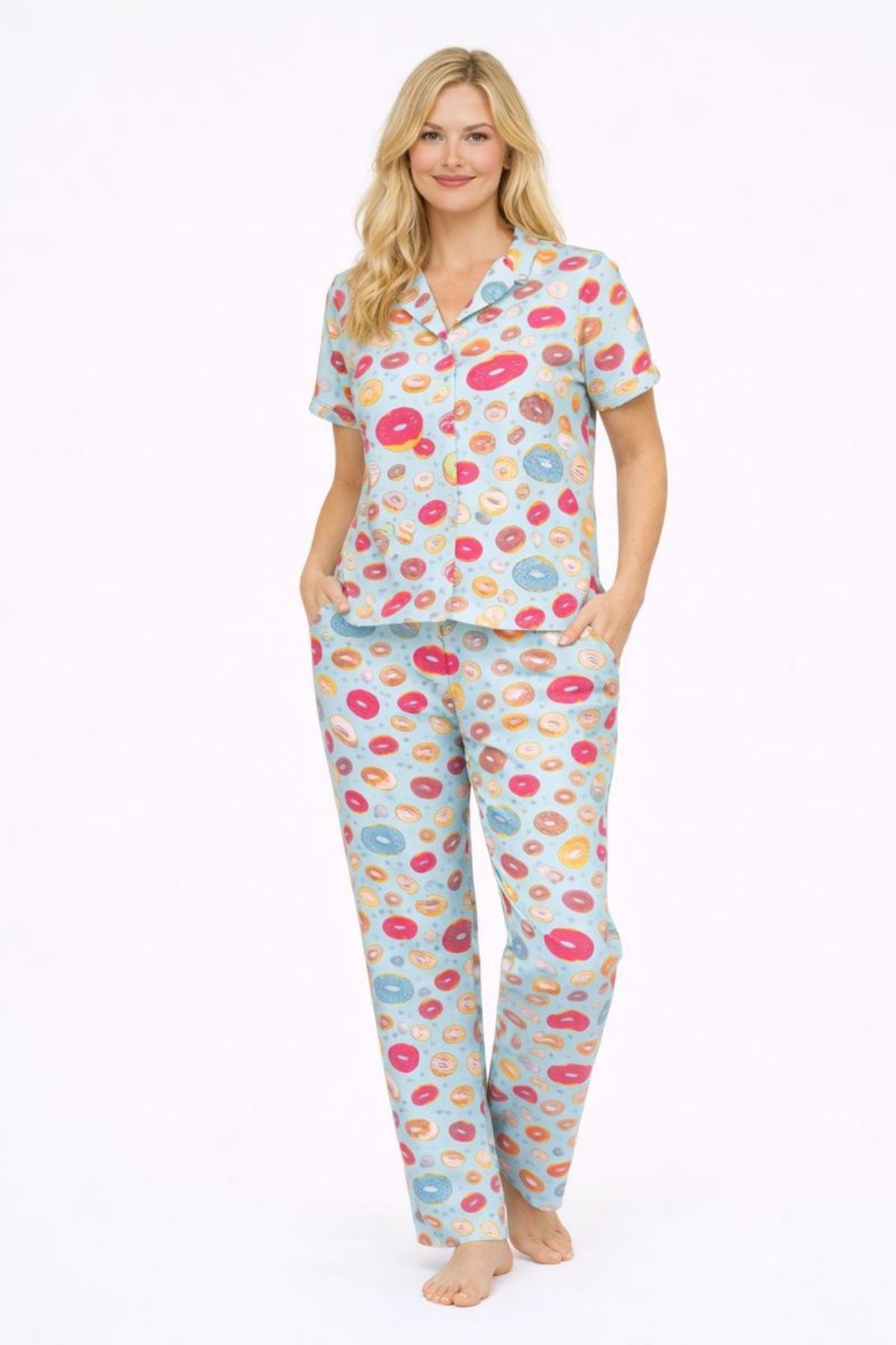 Kadın Çok Renkli Donut Desenli Kısa Kollu Yazlık Pijama Takımı