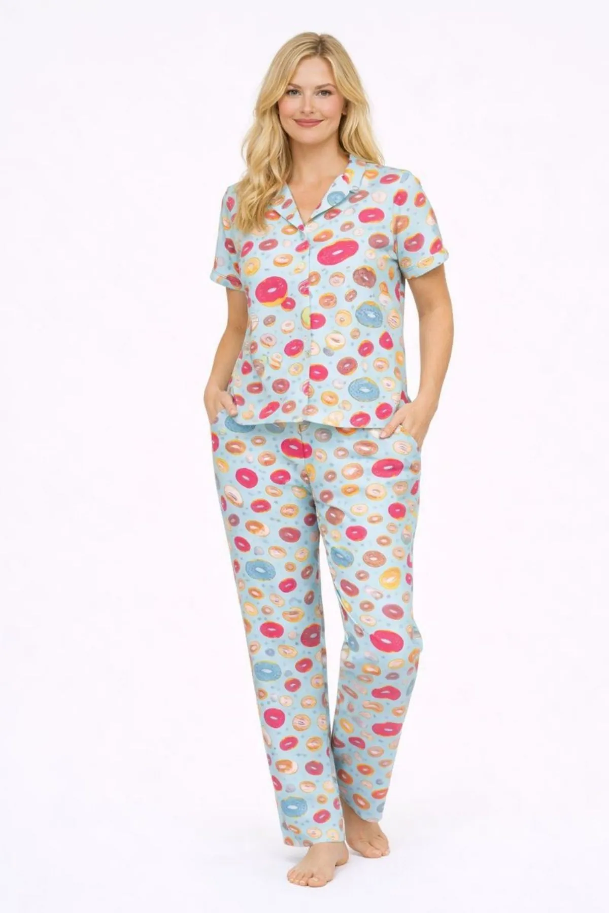 Kadın Çok Renkli Donut Desenli Kısa Kollu Yazlık Pijama Takımı