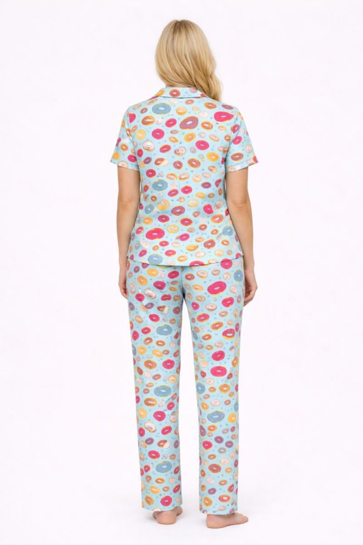 Kadın Çok Renkli Donut Desenli Kısa Kollu Yazlık Pijama Takımı