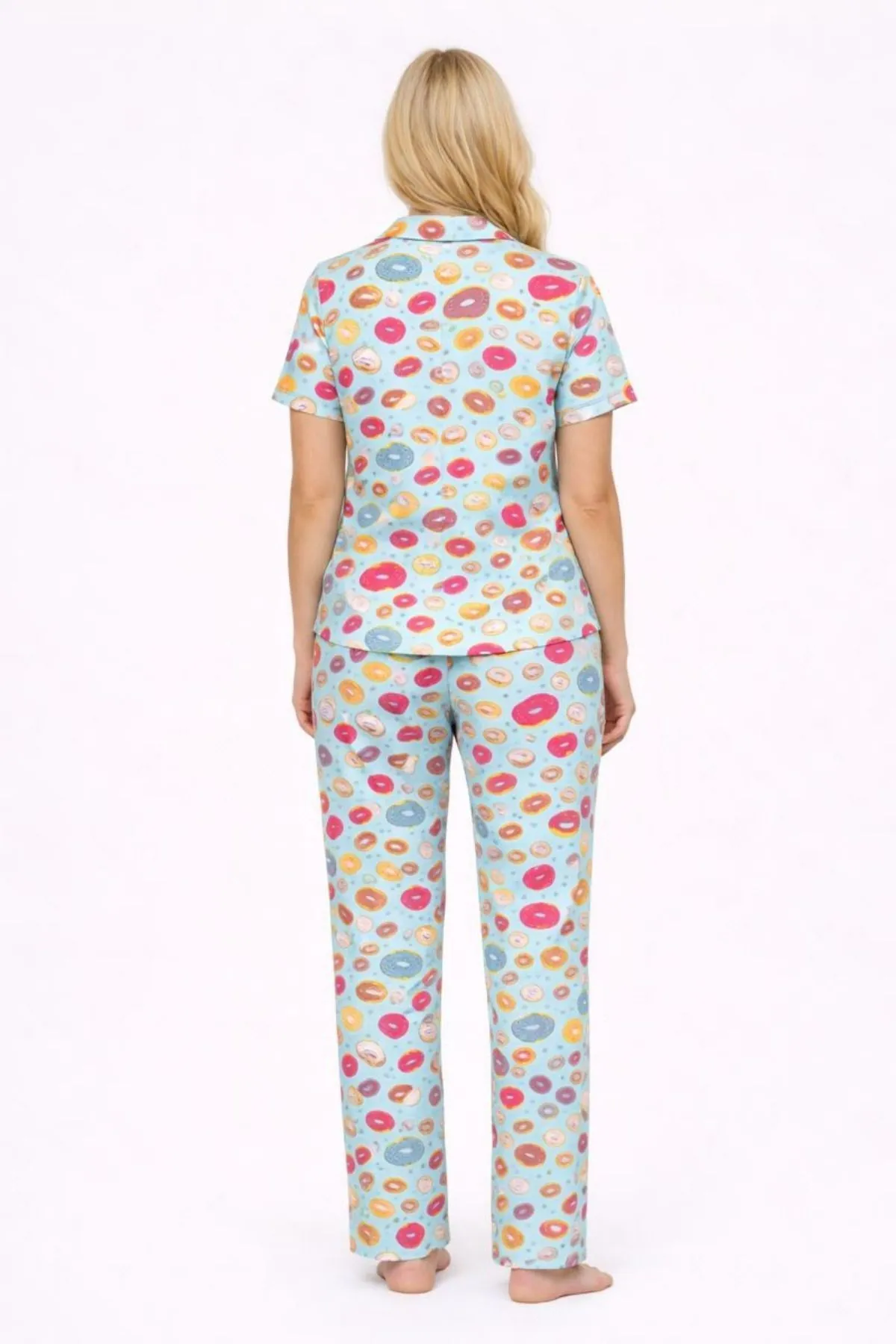 Kadın Çok Renkli Donut Desenli Kısa Kollu Yazlık Pijama Takımı