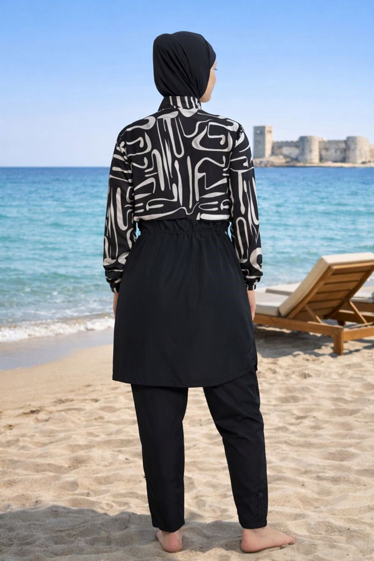 Tam Kapalı Paraşüt Kumaş Siyah Desenli Tesettür Mayo Takımı