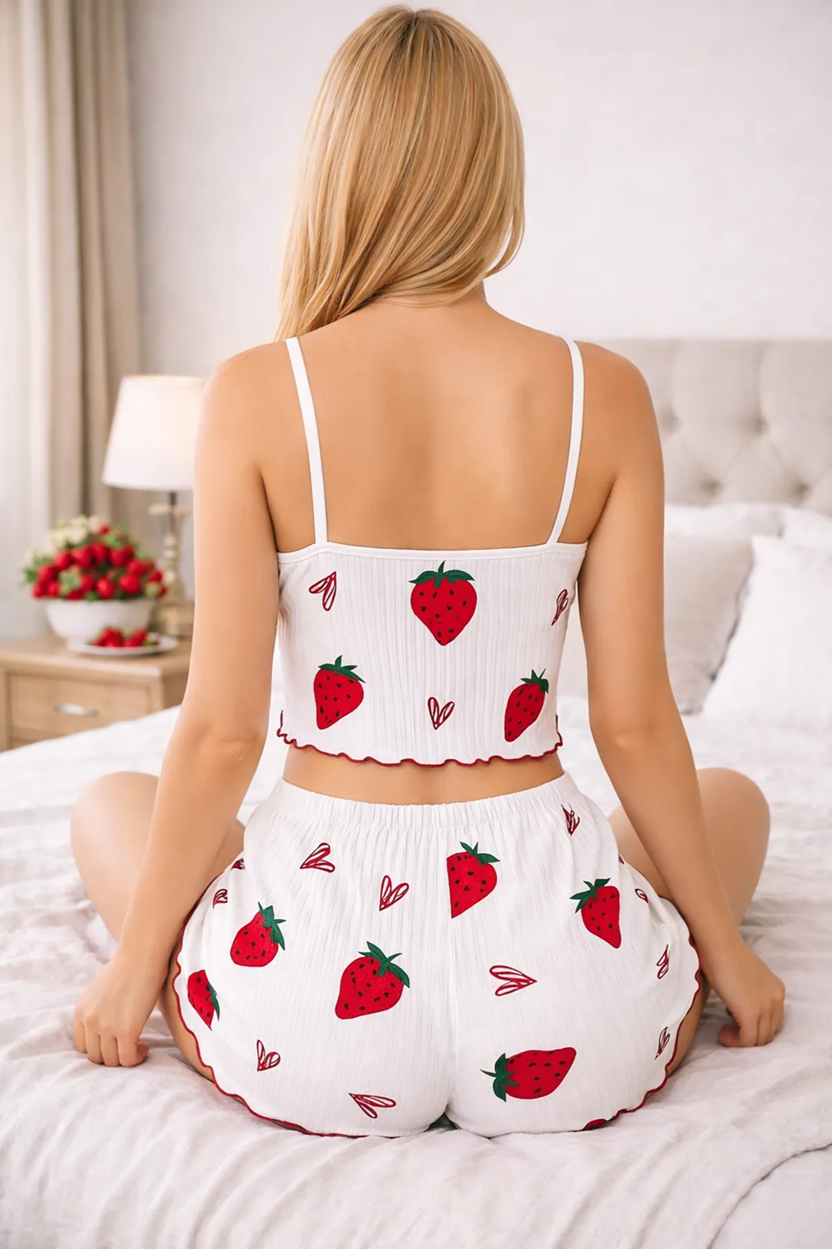 Kadın Mini Crop Şortlu Kalpli Çilek Desenli Yazlık Pijama Takımı