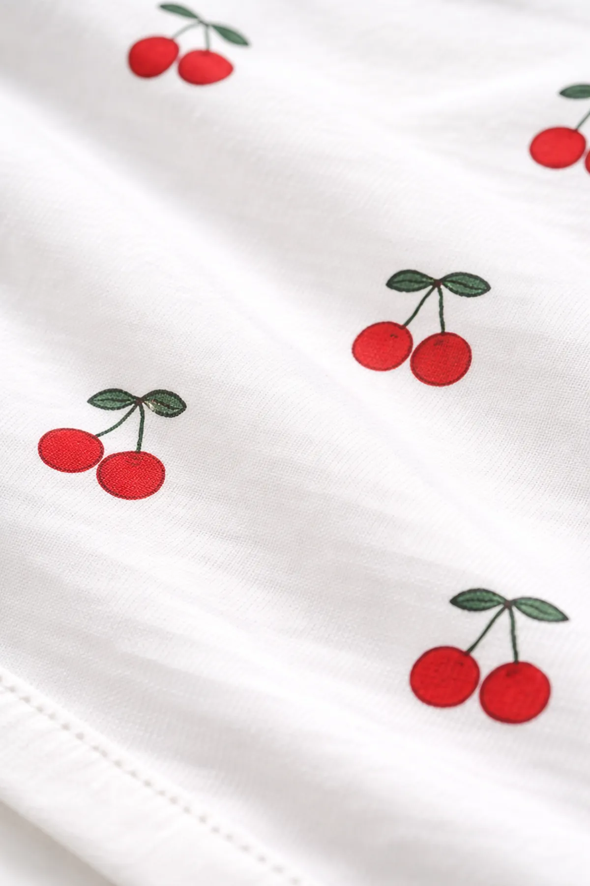 Women's White Cherry Print Crop Pyjama Set — Short Sleeve Top & Mini Shorts, Summer Sleepwear