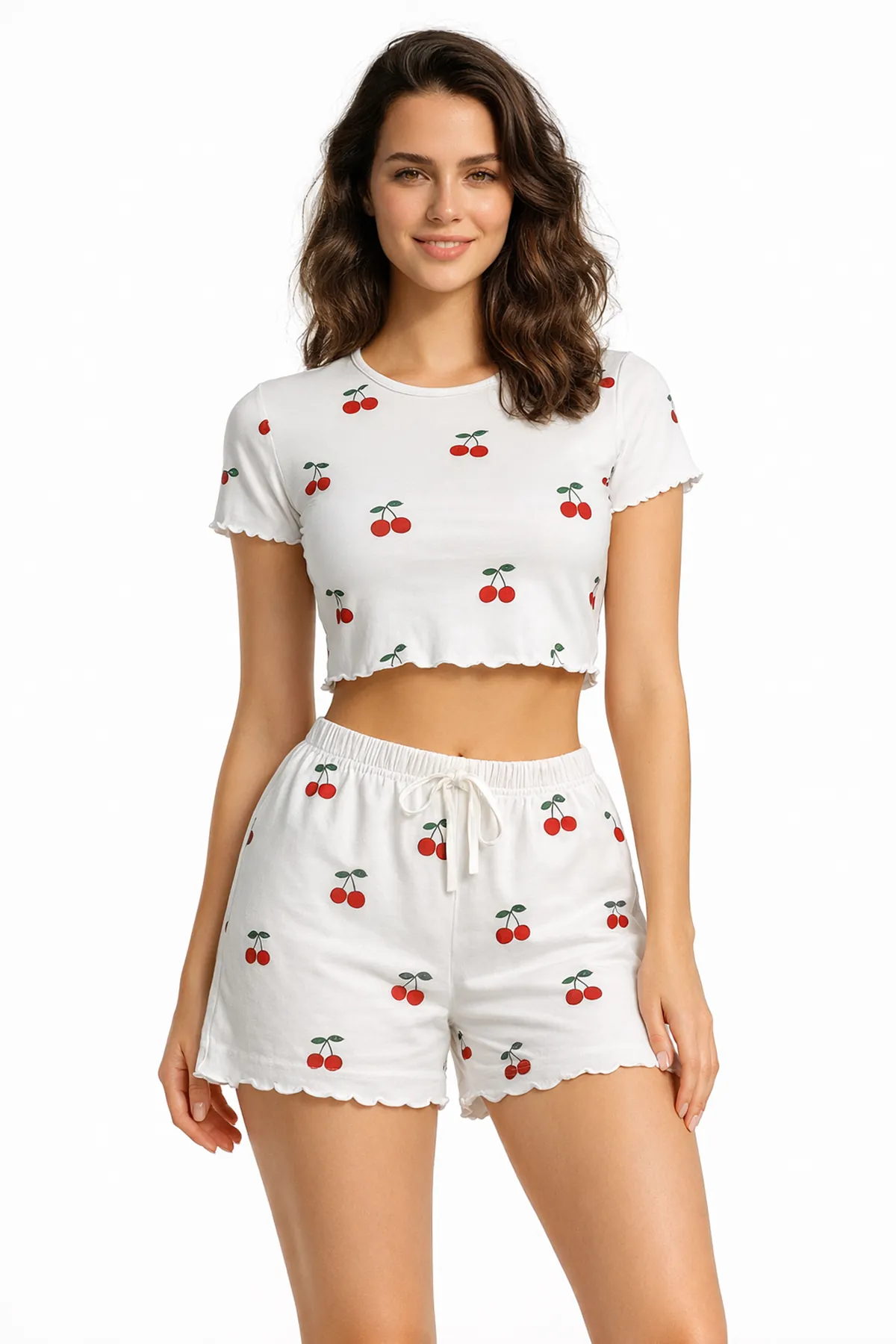 Women's White Cherry Print Crop Pyjama Set — Short Sleeve Top & Mini Shorts, Summer Sleepwear