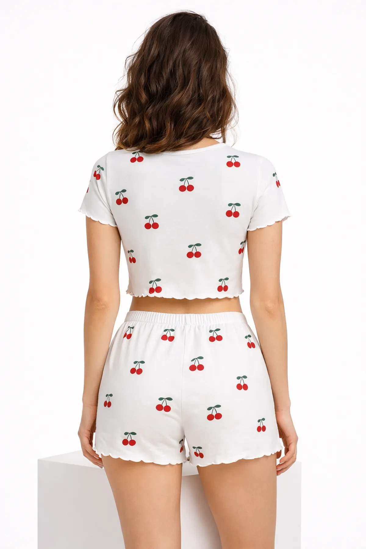 Women's White Cherry Print Crop Pyjama Set — Short Sleeve Top & Mini Shorts, Summer Sleepwear