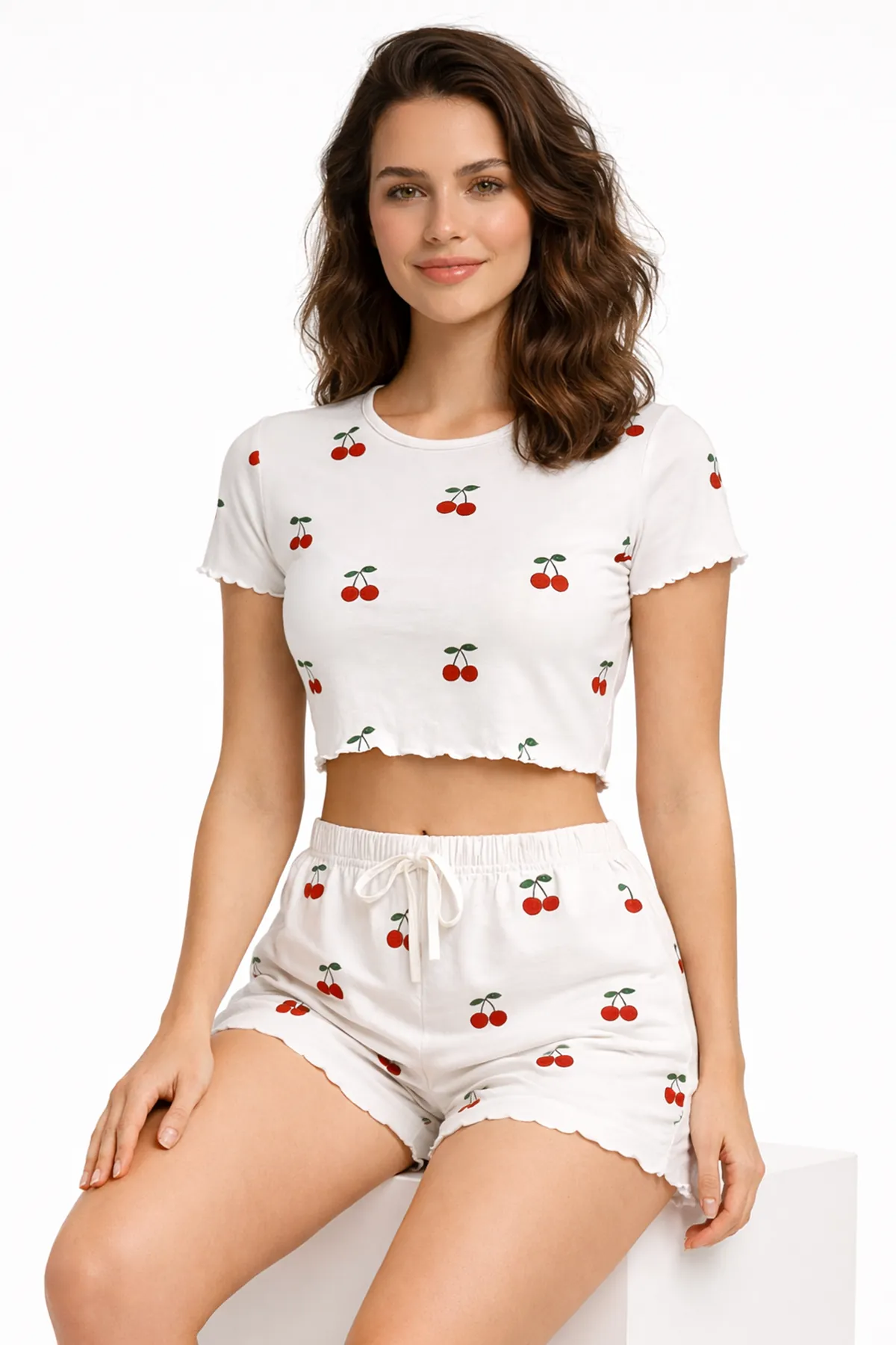 Women's White Cherry Print Crop Pyjama Set — Short Sleeve Top & Mini Shorts, Summer Sleepwear