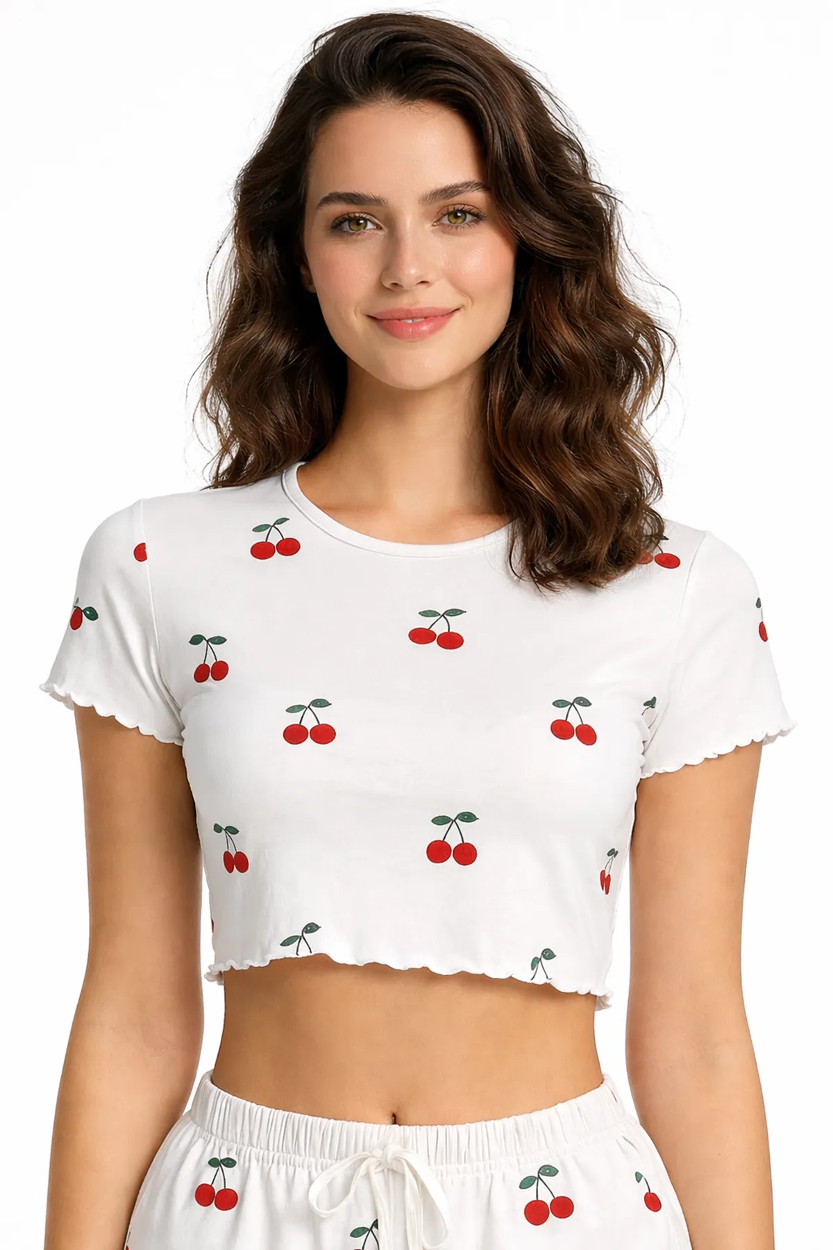 Women's White Cherry Print Crop Pyjama Set — Short Sleeve Top & Mini Shorts, Summer Sleepwear