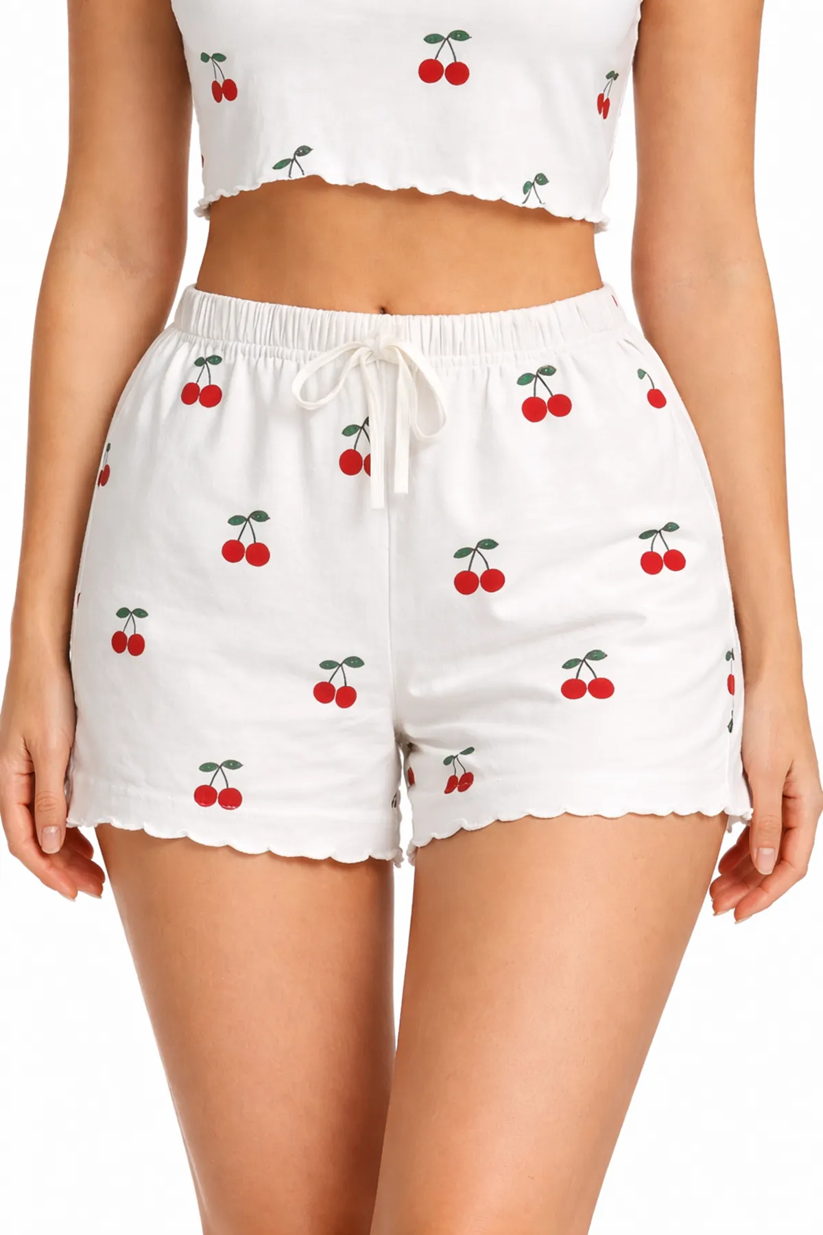 Women's White Cherry Print Crop Pyjama Set — Short Sleeve Top & Mini Shorts, Summer Sleepwear
