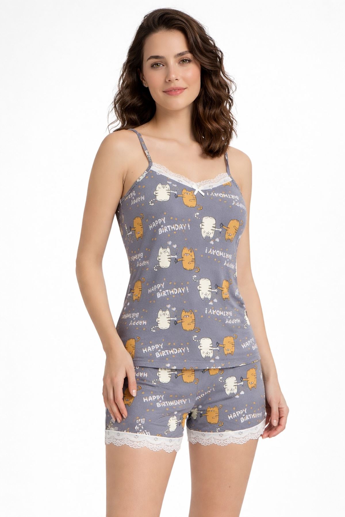 Kadın Şortlu Kedili Happy Birthday Desenli Doğum Günü Hediyesi Pijama Takımı Yazlık Uyku Seti