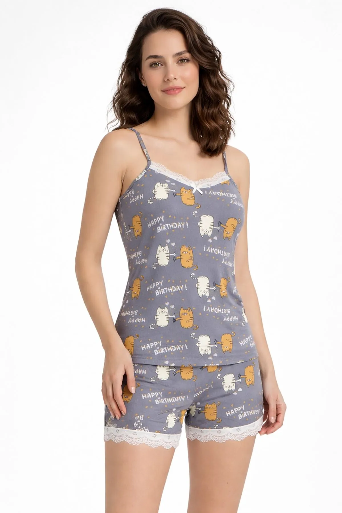 Kadın Şortlu Kedili Happy Birthday Desenli Doğum Günü Hediyesi Pijama Takımı Yazlık Uyku Seti
