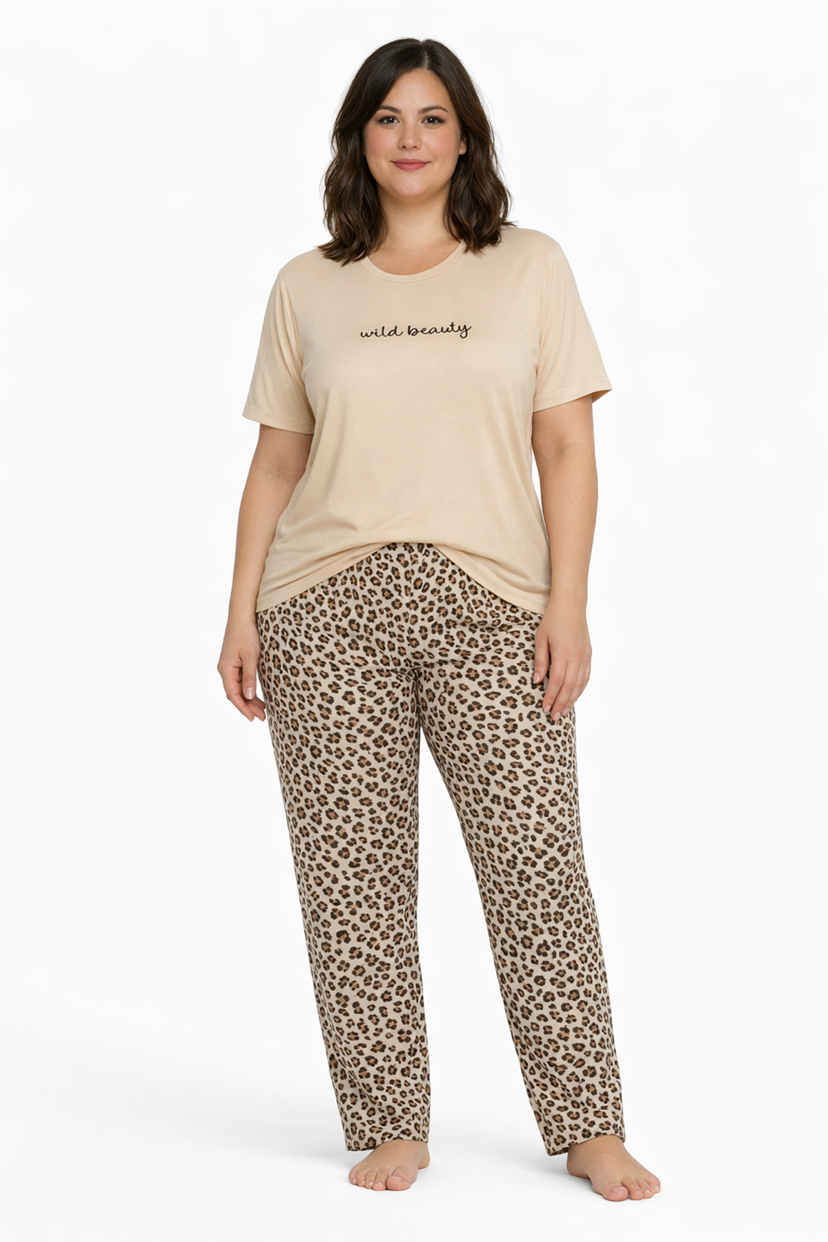 Büyük Beden Leoparlı Rahat Kesim Milan Kumaş Desenli Kadın Pijama Takımı 