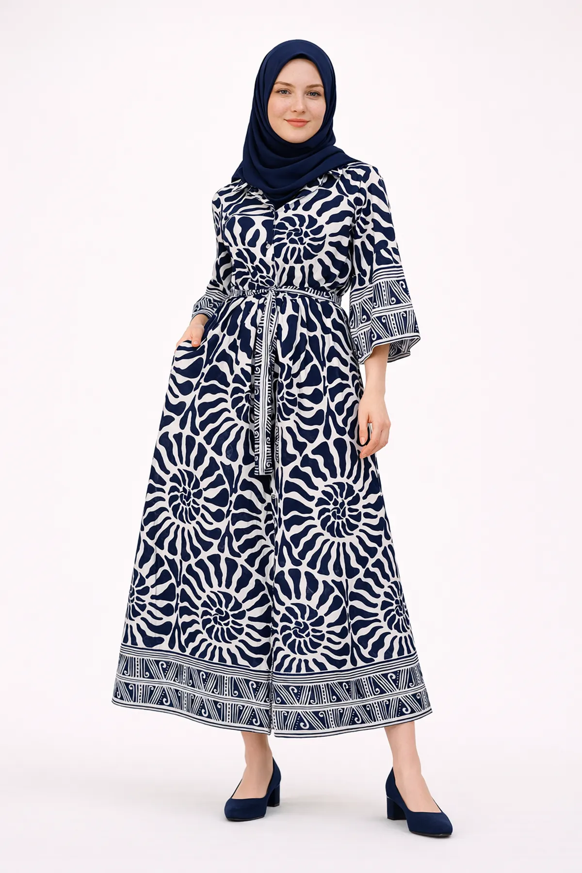 Women's 100% Cotton Navy Modest Shirt Dress — Belted, Pocketed & One Size