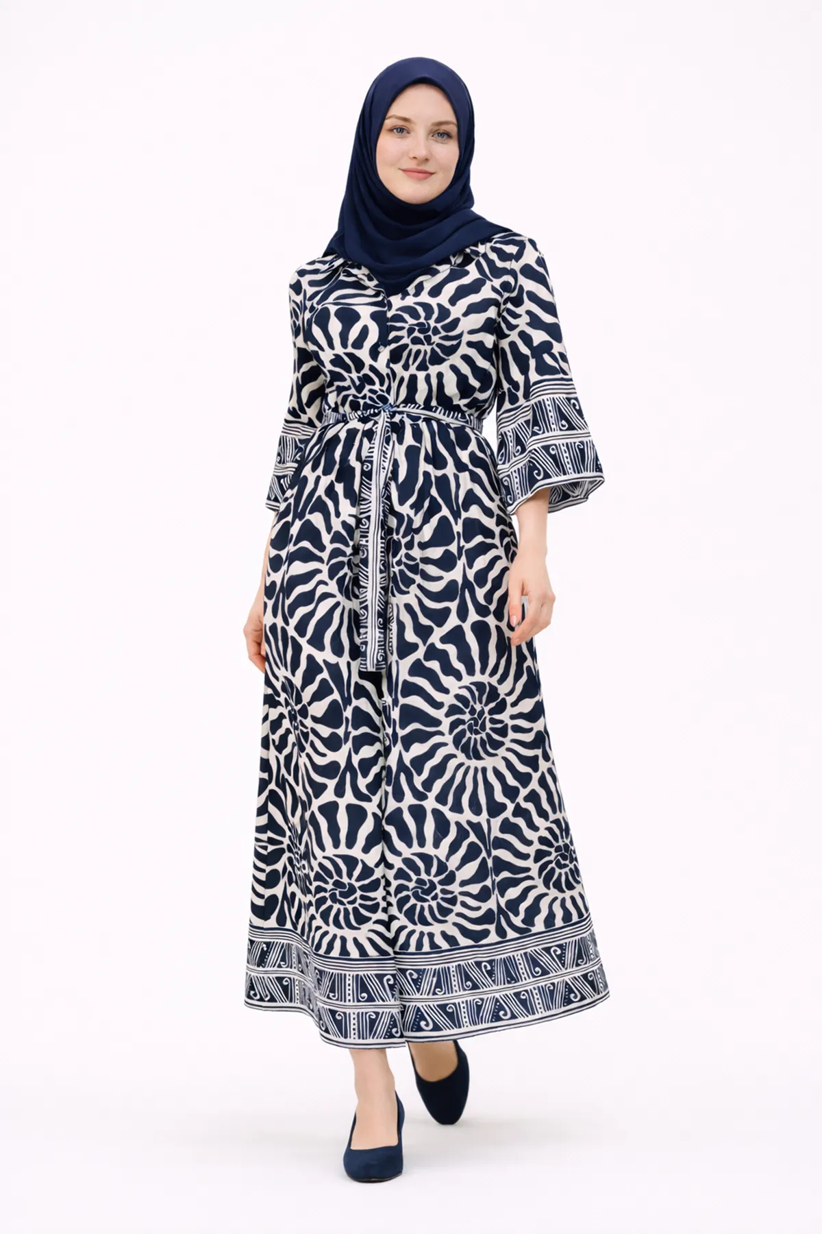 Women's 100% Cotton Navy Modest Shirt Dress — Belted, Pocketed & One Size
