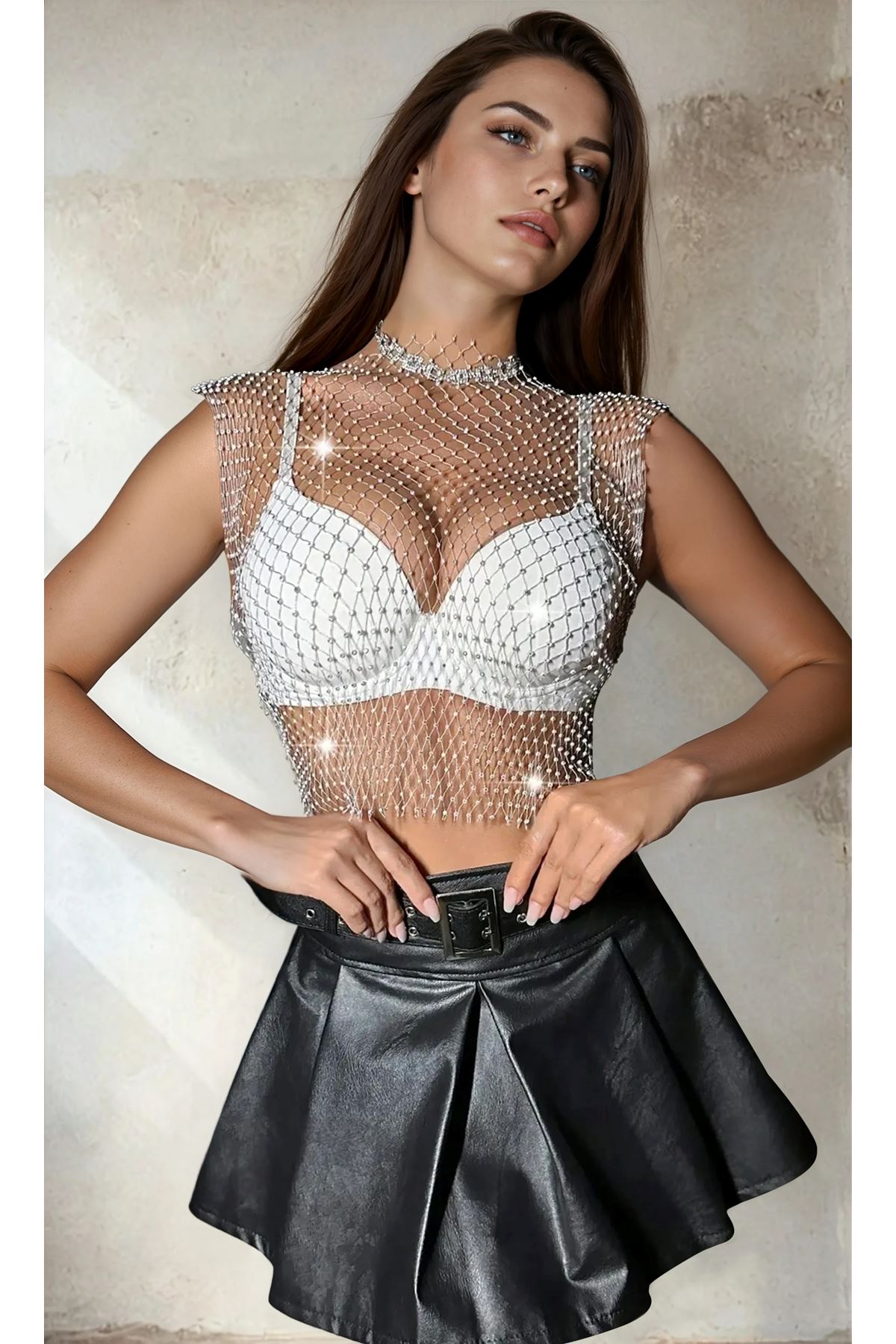 Kadın Gümüş Taşlı Transparan File Bluz Işıltılı Kolsuz Festival ve Parti Büstiyeri