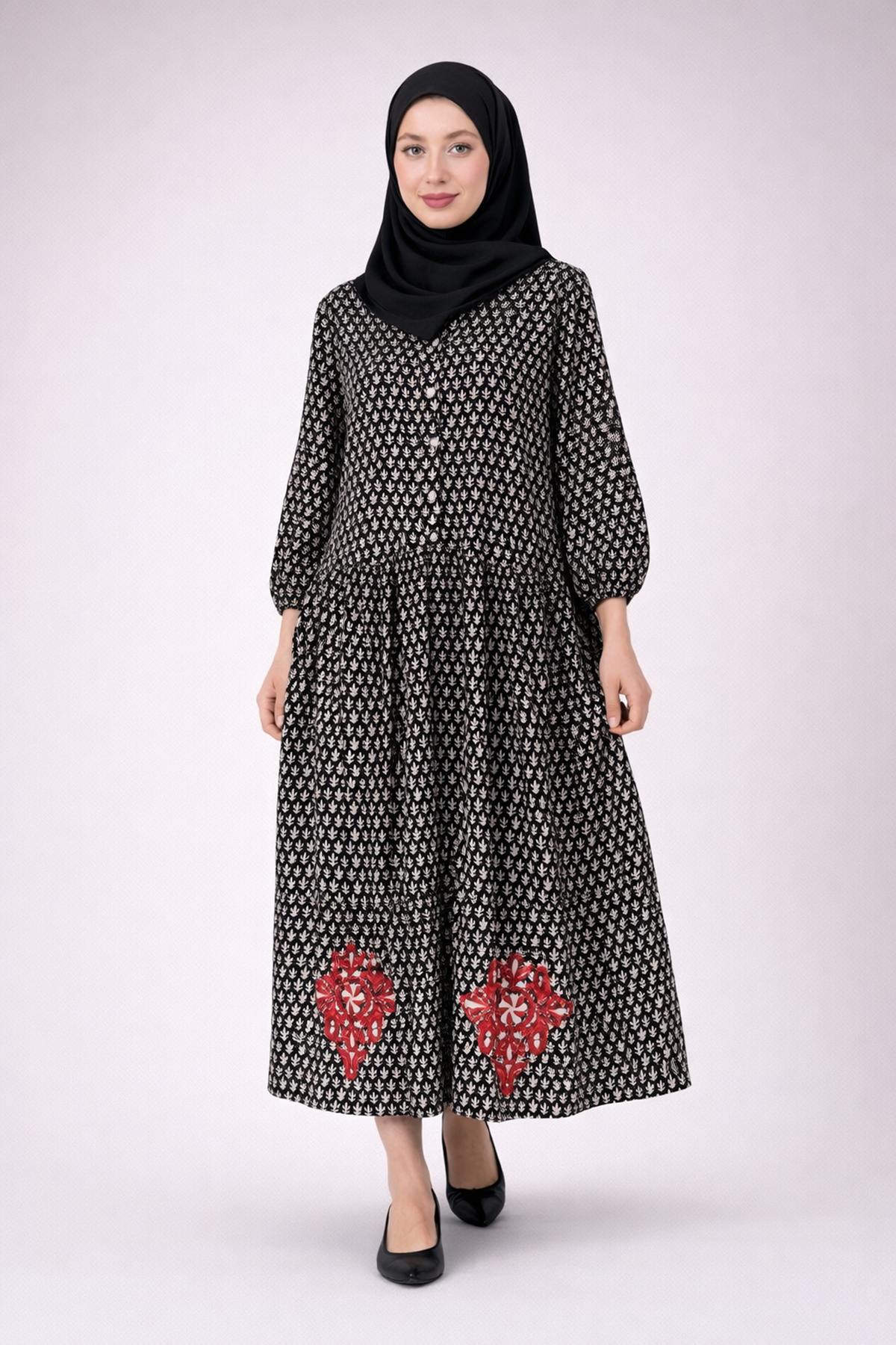 %100 Pamuklu Cepli ve Nakışlı Yazlık Tasarım Desenli Siyah Gömlek Tesettür Elbise