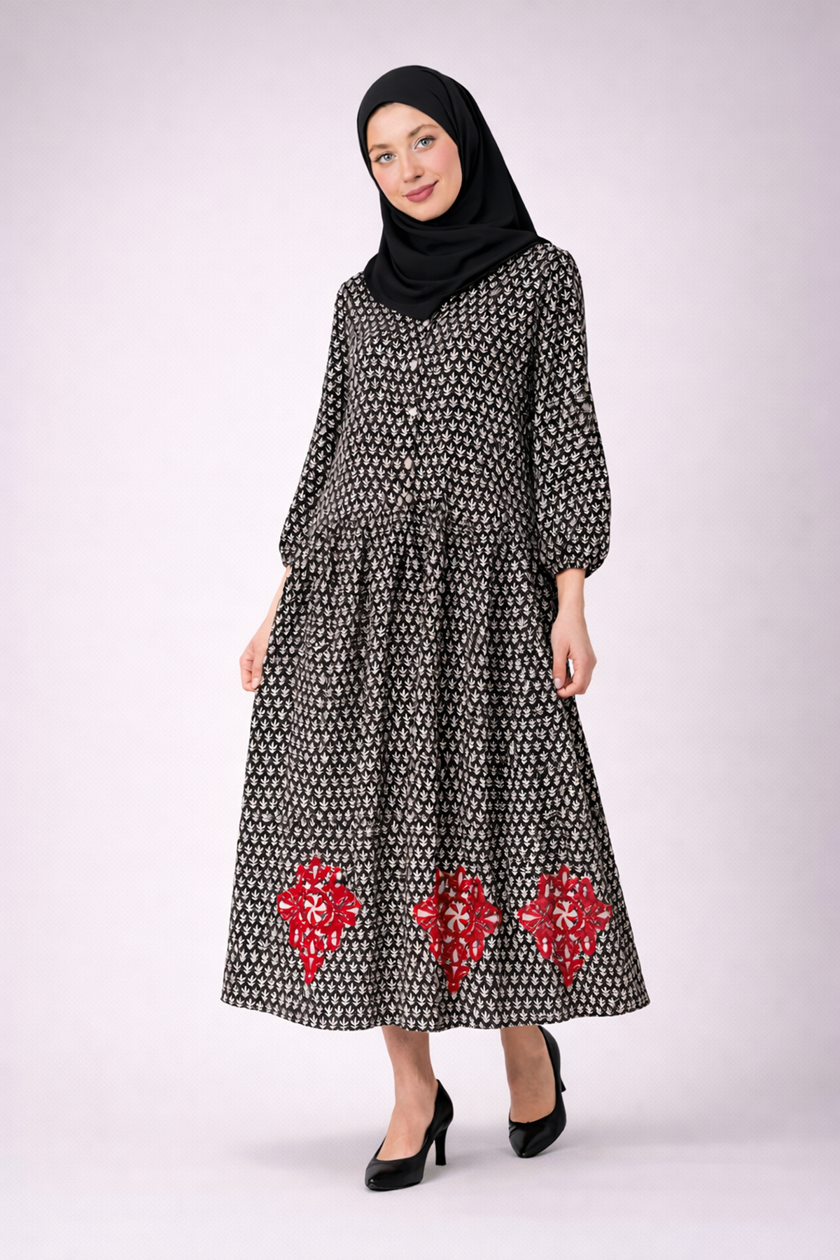 %100 Pamuklu Cepli ve Nakışlı Yazlık Tasarım Desenli Siyah Gömlek Tesettür Elbise