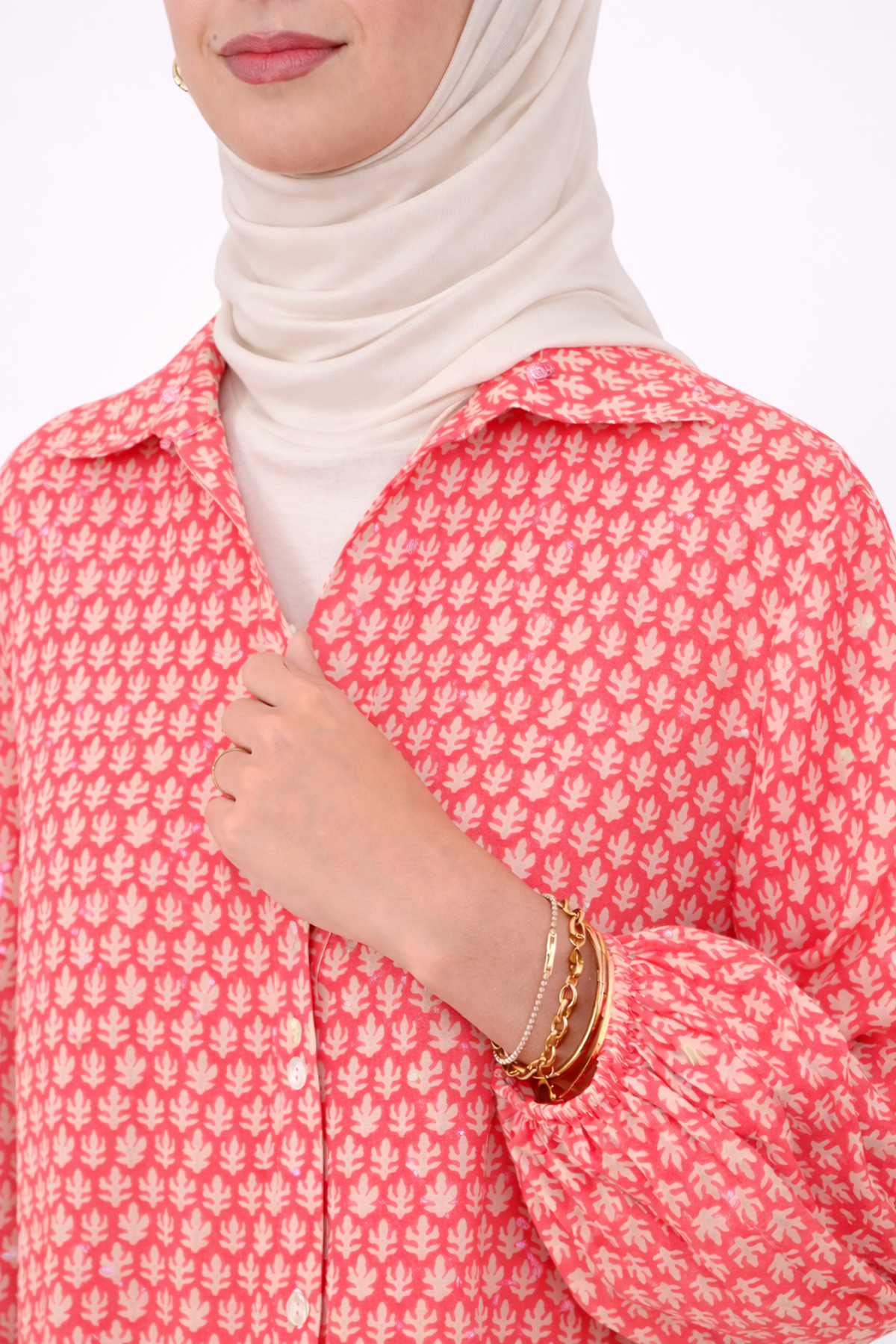 %100 Pamuklu Cepli ve Nakışlı Yazlık Tasarım Desenli Nar Çiçeği Pembe Gömlek Tesettür Elbise