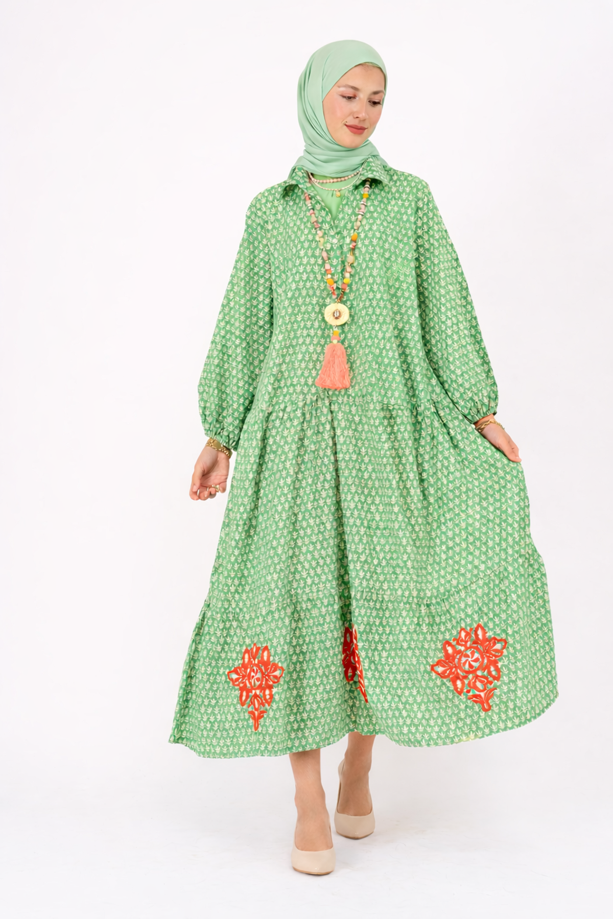 %100 Pamuklu Cepli ve Nakışlı Yazlık Tasarım Desenli Yeşil Gömlek Tesettür Elbise