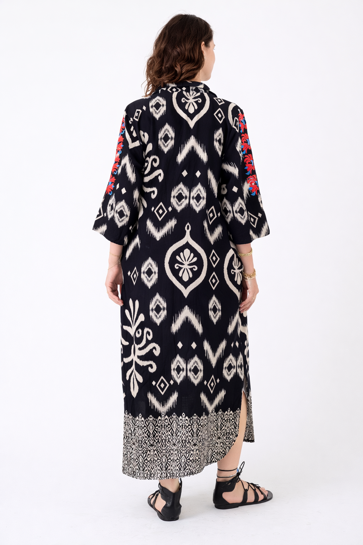 %100 Pamuklu Siyah Nakışlı Yazlık Cepli Hamile Gömlek Elbise