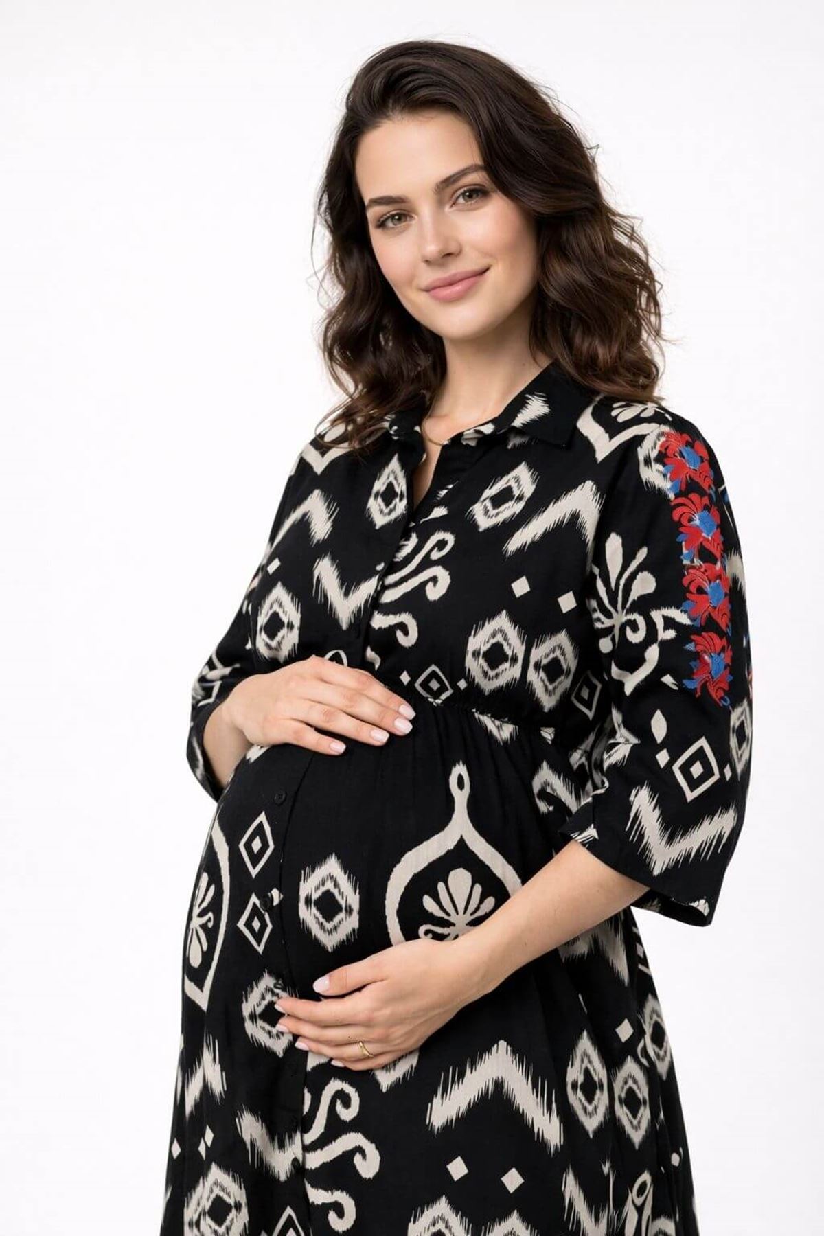 Women's 100% Cotton Black Embroidered Maternity Shirt Dress — Ethnic Print, Floral Sleeves & Pockets
