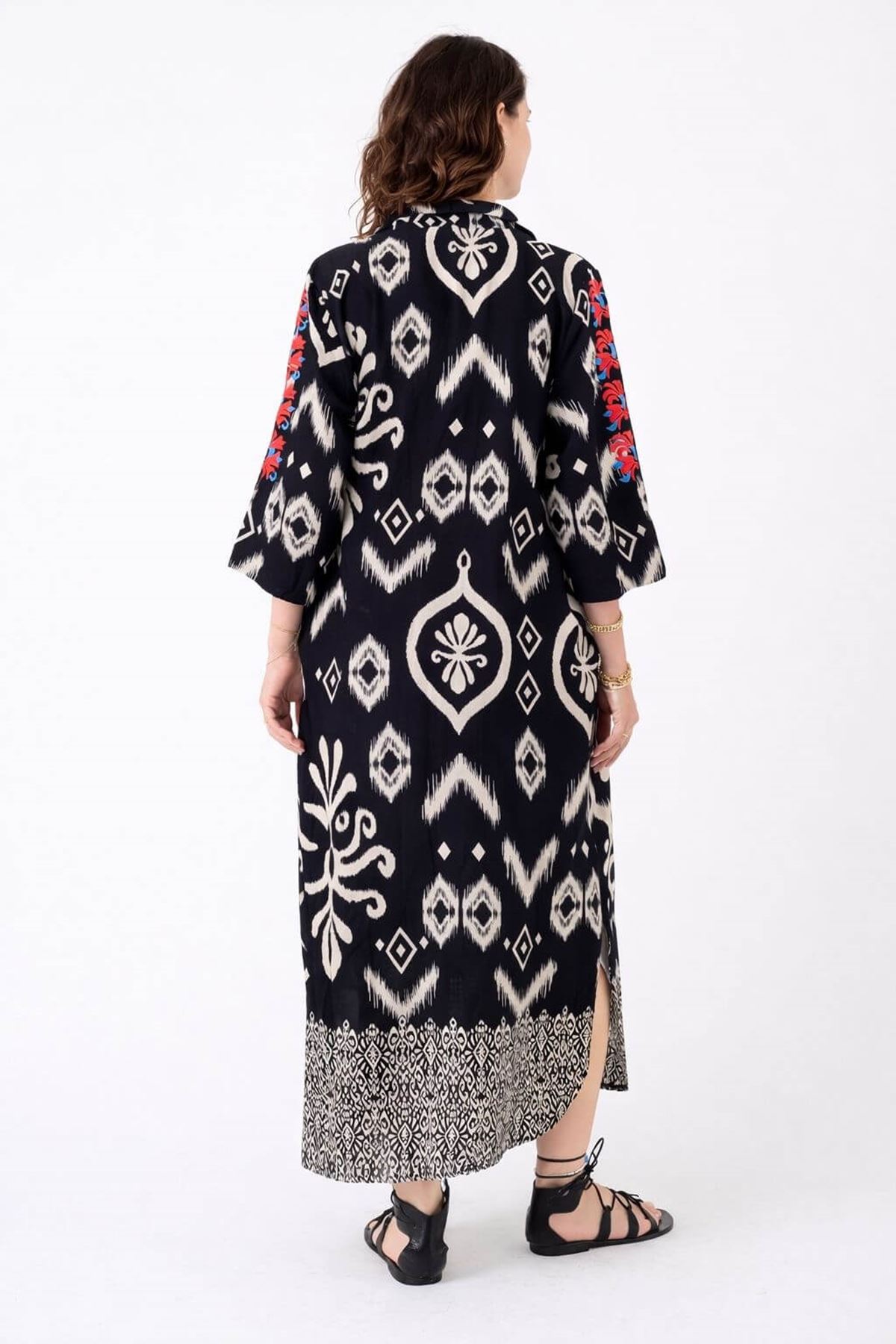 Women's 100% Cotton Black Embroidered Maternity Shirt Dress — Ethnic Print, Floral Sleeves & Pockets