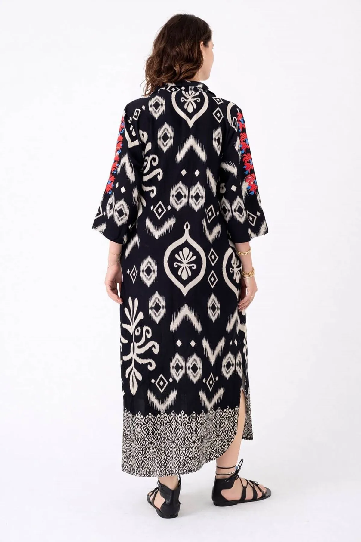 Women's 100% Cotton Black Embroidered Maternity Shirt Dress — Ethnic Print, Floral Sleeves & Pockets