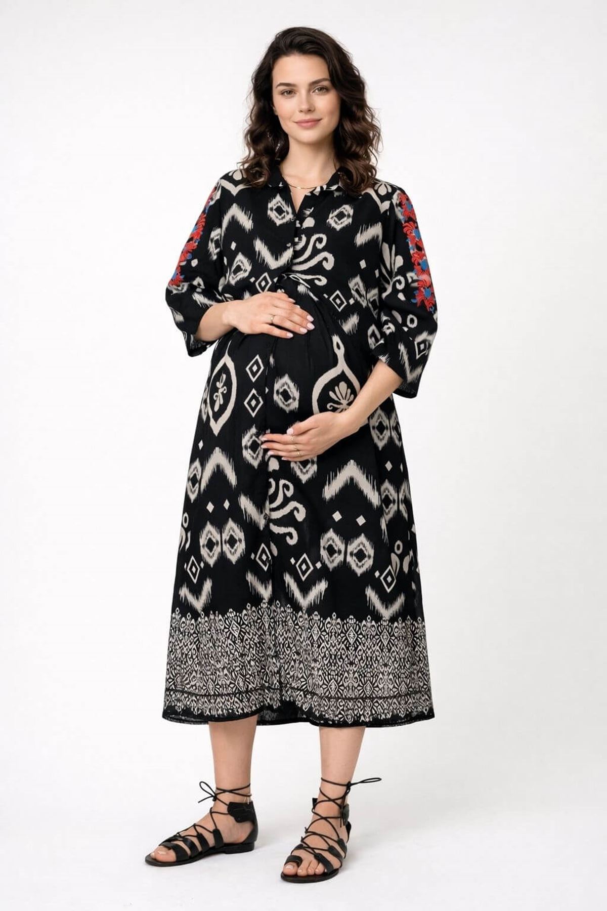 Women's 100% Cotton Black Embroidered Maternity Shirt Dress — Ethnic Print, Floral Sleeves & Pockets