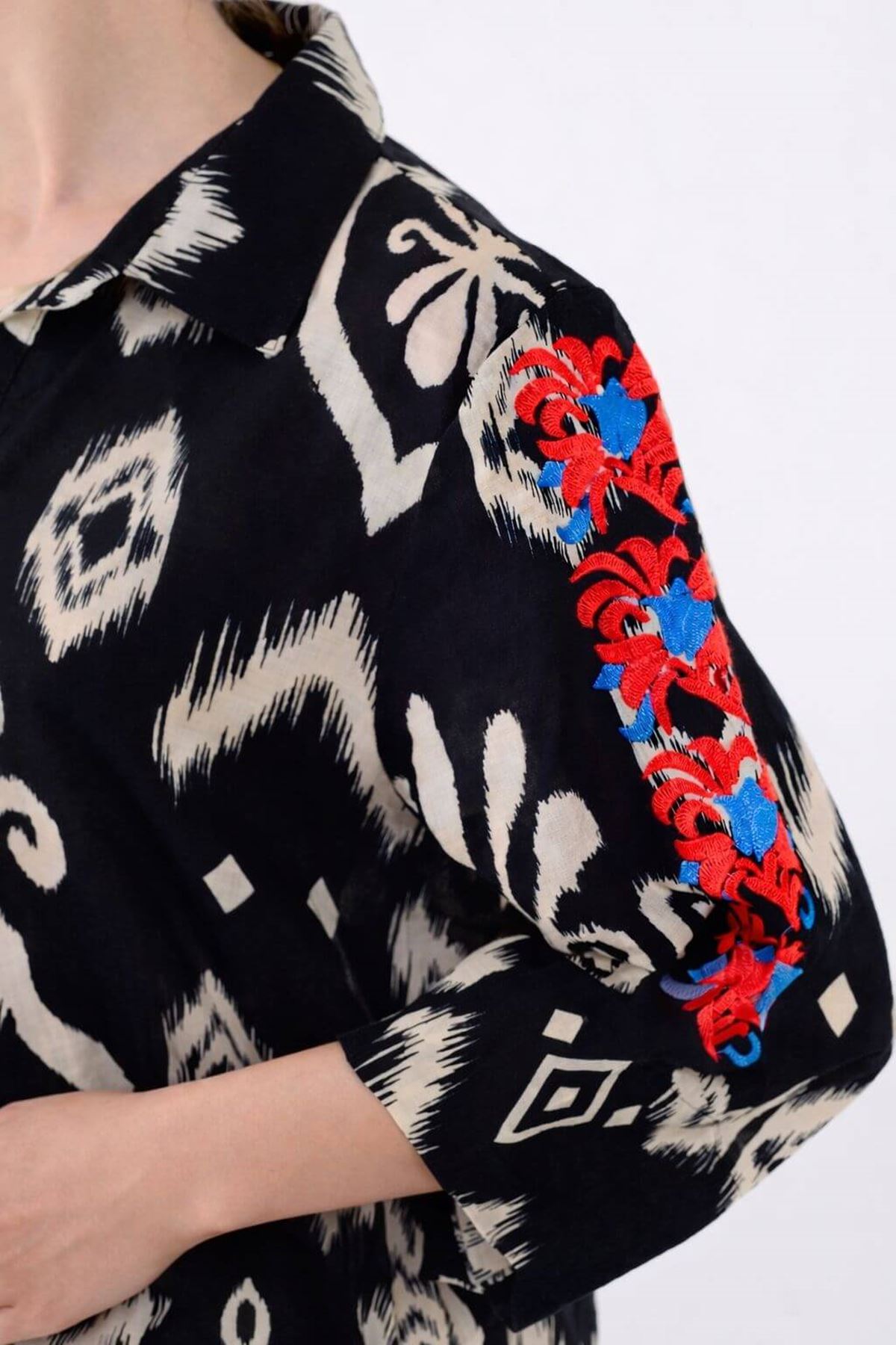 Women's 100% Cotton Black Embroidered Maternity Shirt Dress — Ethnic Print, Floral Sleeves & Pockets