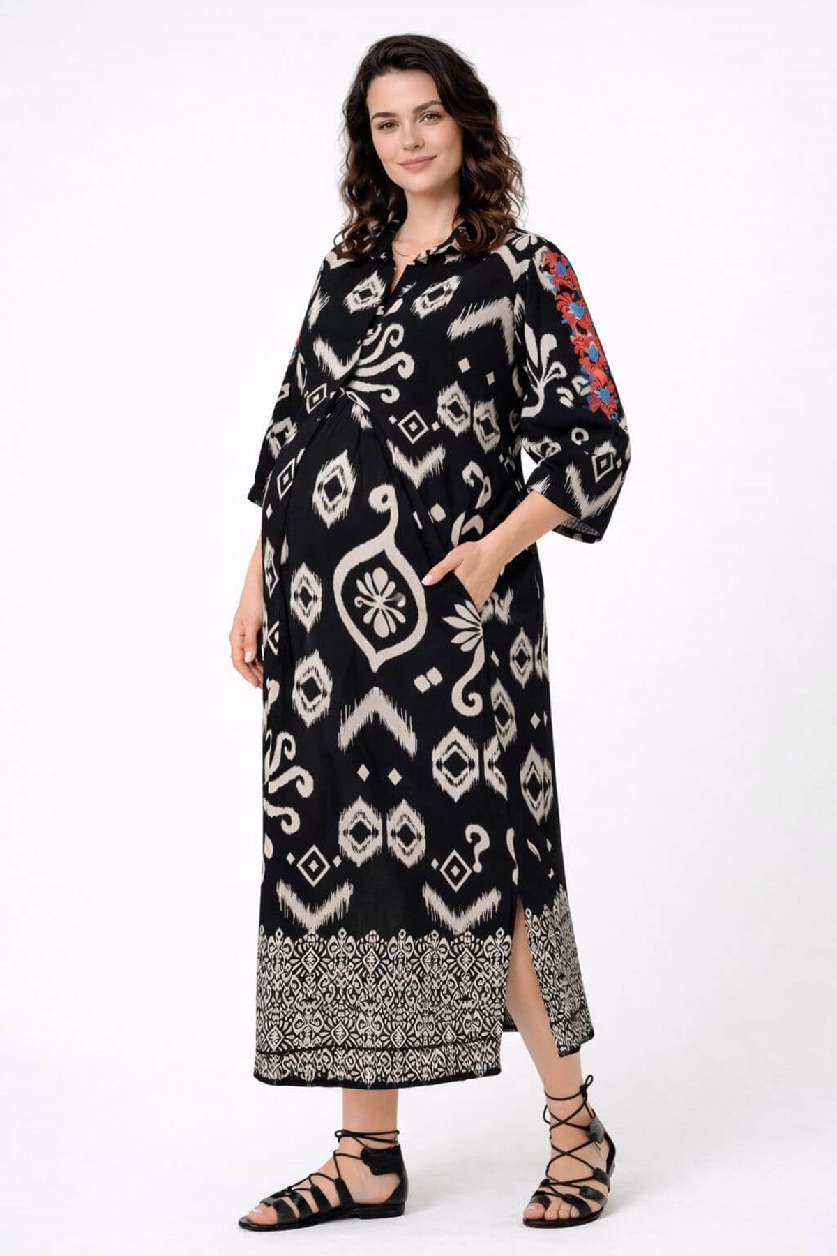 Women's 100% Cotton Black Embroidered Maternity Shirt Dress — Ethnic Print, Floral Sleeves & Pockets