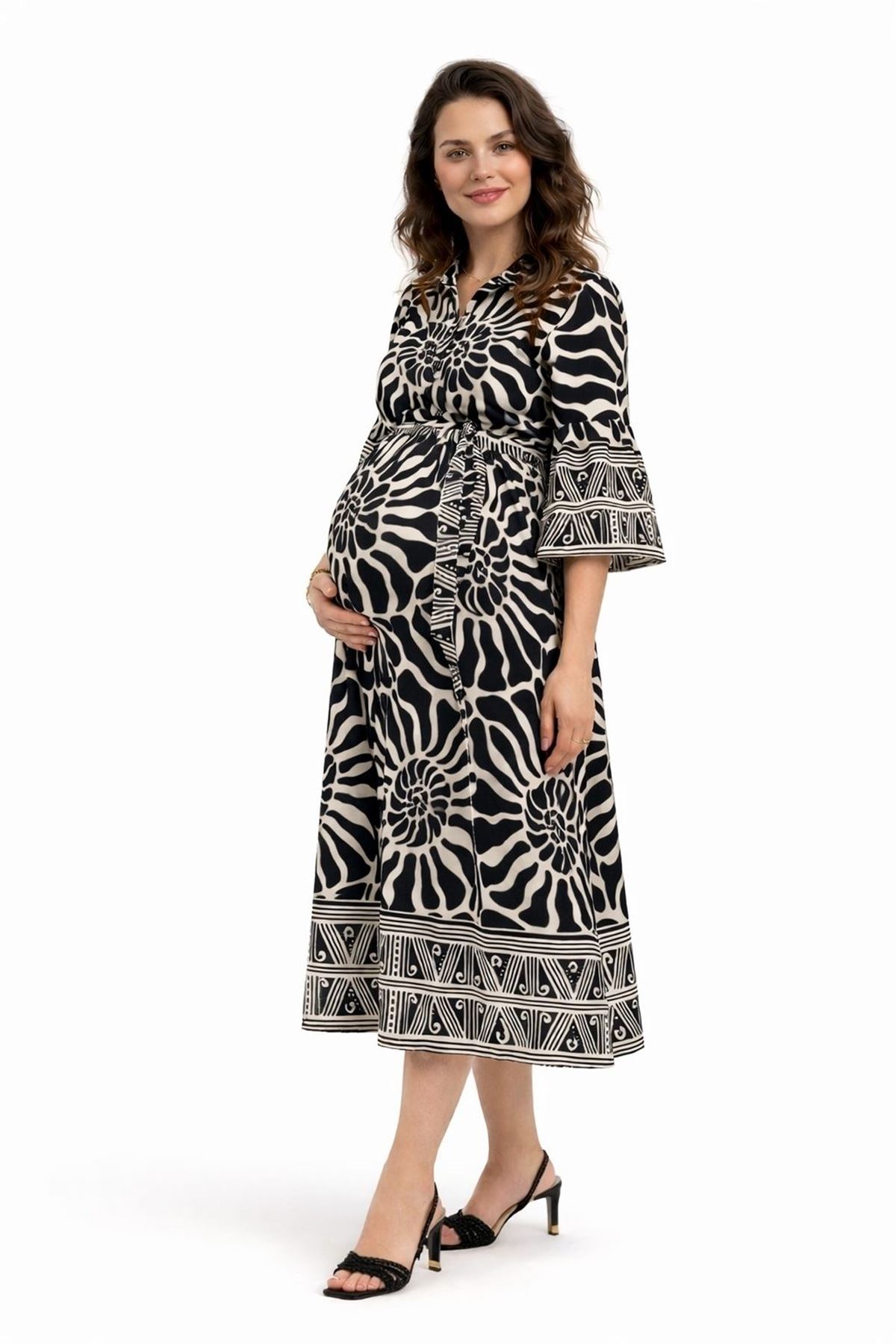 %100 Pamuklu Kadın Kuşaklı ve Cepli Yazlık Siyah Hamile Gömlek Elbise