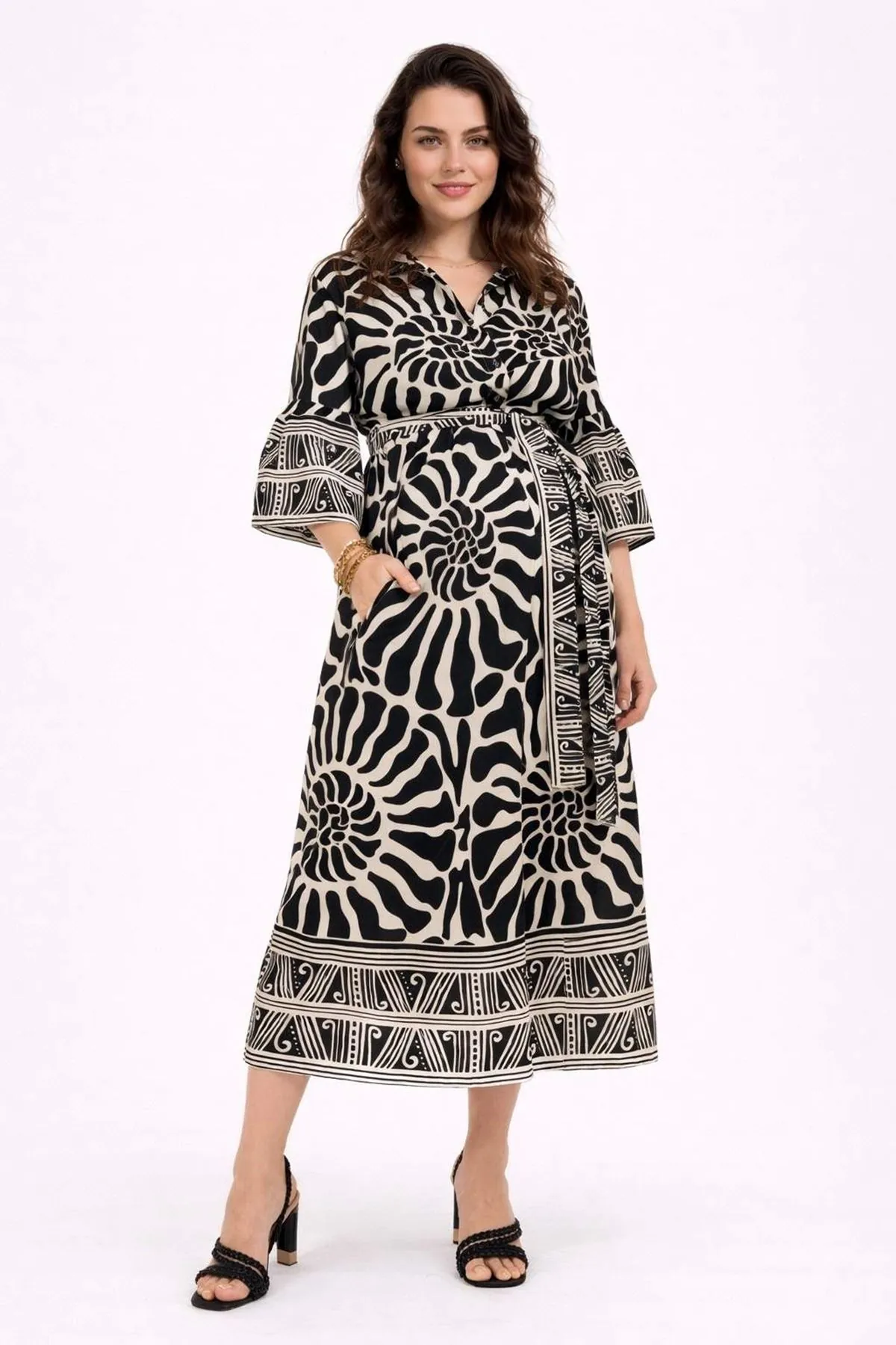 Women's 100% Cotton Black Maternity Shirt Dress — Belted, Pocketed & Button-Front