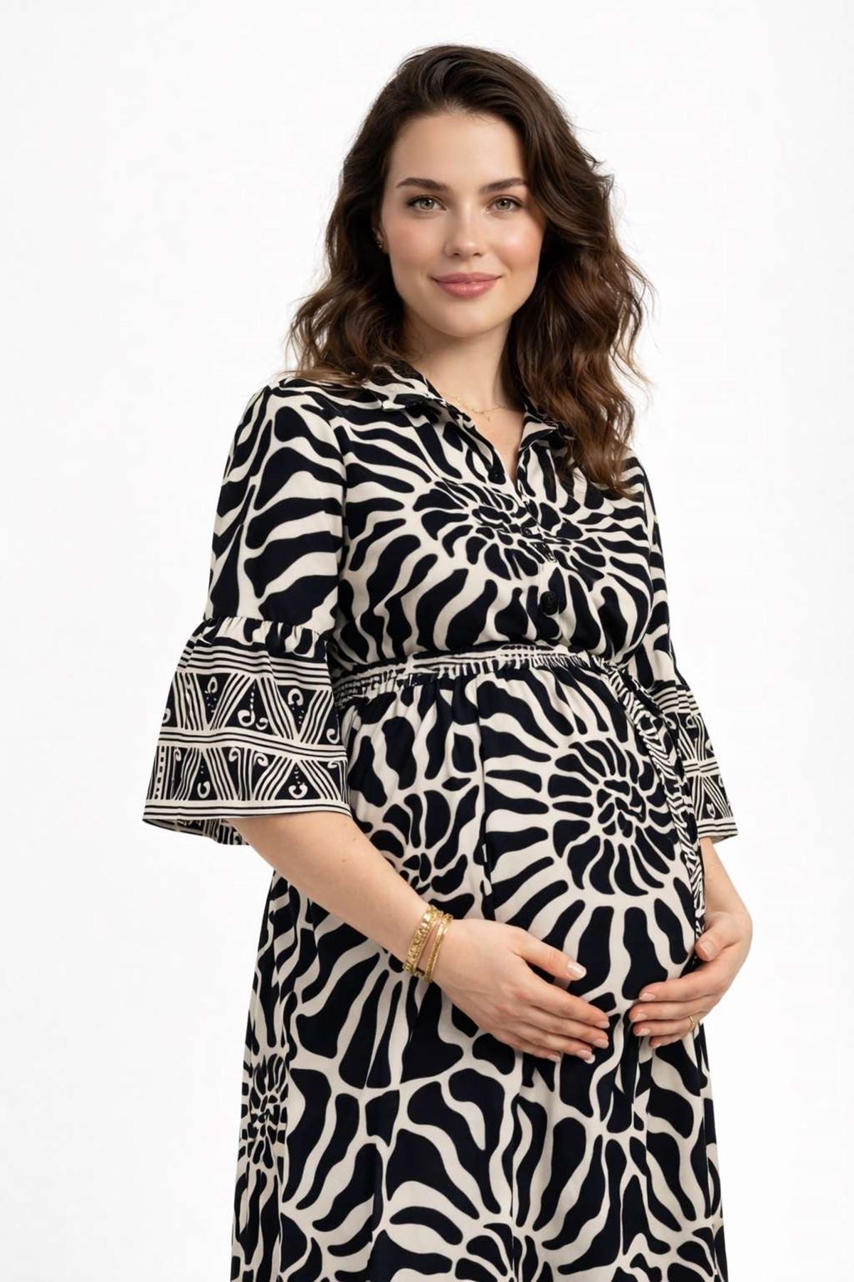 %100 Pamuklu Kadın Kuşaklı ve Cepli Yazlık Siyah Hamile Gömlek Elbise